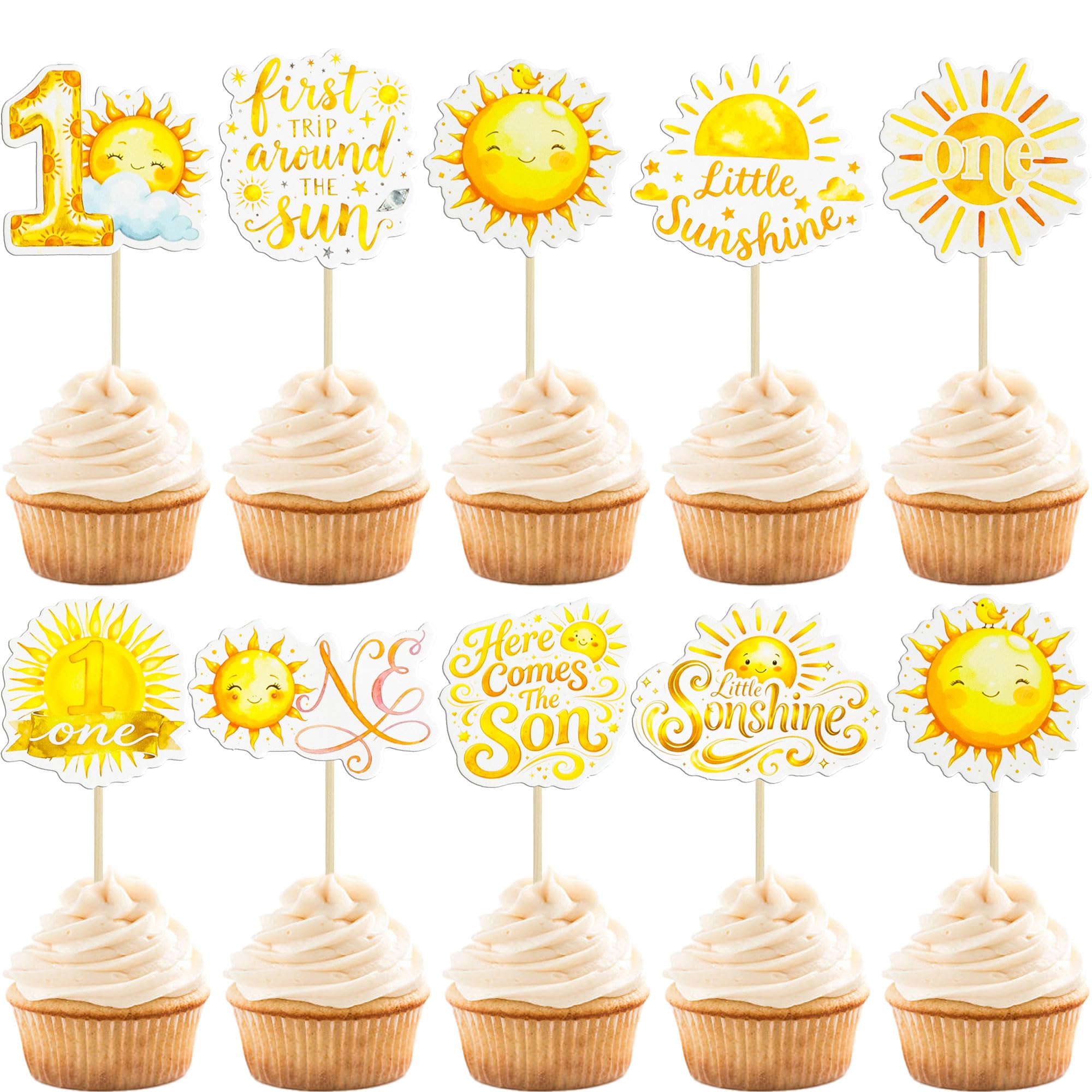 Gyufise 36Pcs First Trip Around The Sun Cupcake Toppers Here Comes the Sun Cupcake Picks One Sunshine Cake Decoration 1st Birthday Decorations for Baby Shower Party Supplies