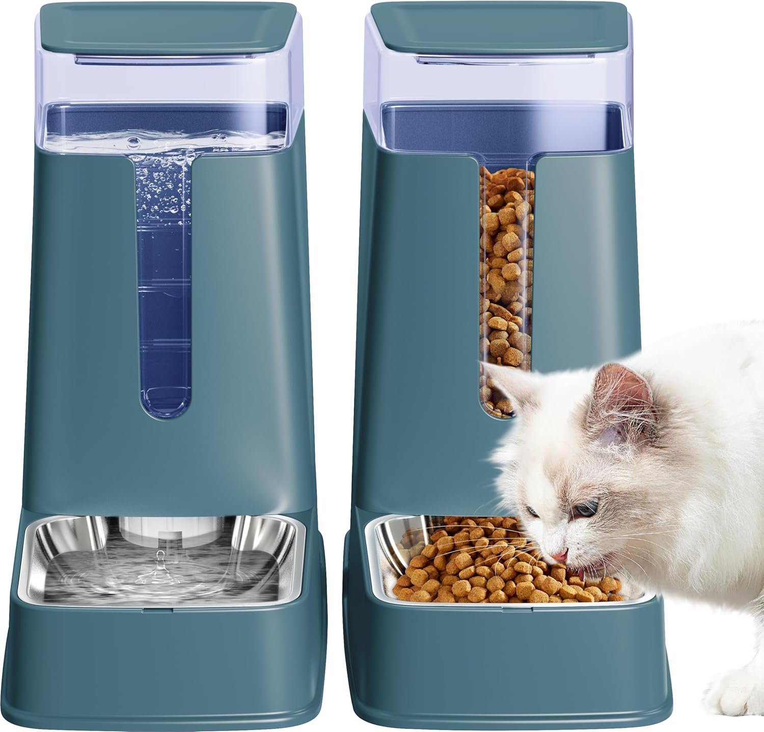 Automatic Cat Feeder and Cat Water Dispenser Set with Stainless Steel Bowls Gravity Dog Feeder for Small Medium Big Dog Pets Puppy Kitten, 3.8L x 2 (Cyan)