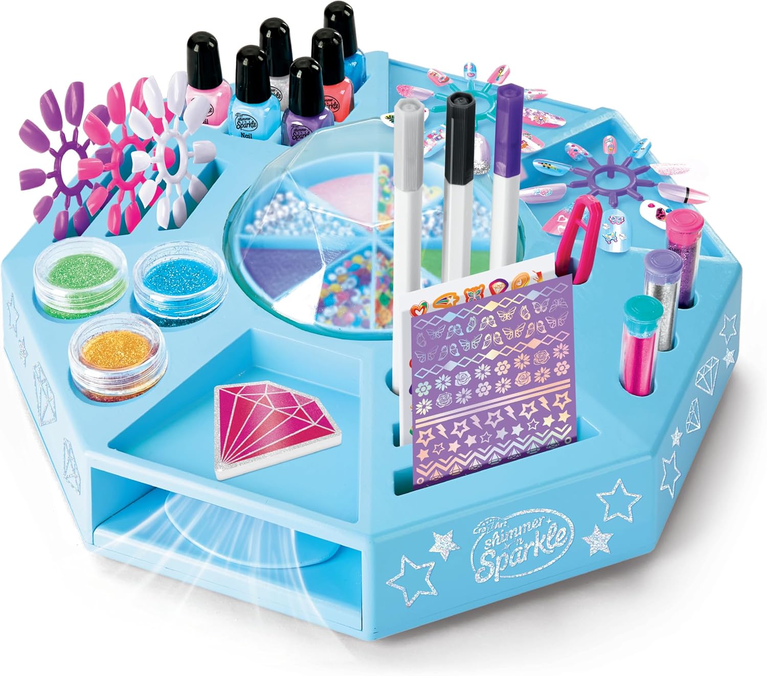 CRA-Z-ART Shimmer N Sparkle All In One Nail Art Studio With 360 turntable real working nail dryer and storage compartments Includes Nail polish, nail stickers