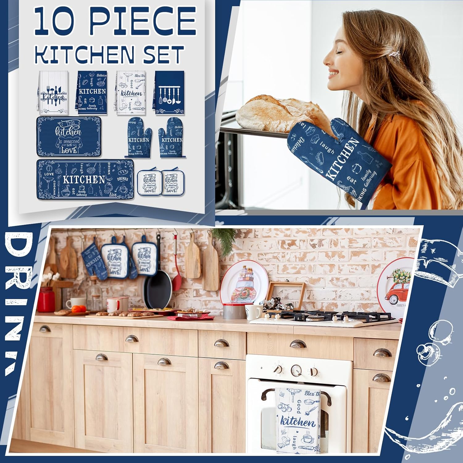 10 Pcs Farmhouse Kitchen Decor Set 4 Navy Blue Kitchen Dish Towels 2 Blue and White Pot Holders 2 Oven Mitts 2 Rustic Rugs Mats for Floor for Home Decorations Cooking Baking Mom Gifts Accessories Blue and White Utensils