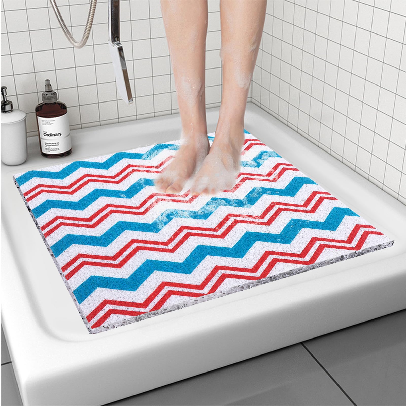 Tapis De Douche Antidérapant OPLERT - Texture Luffa Douce, Séchage Rapide PVC, Trous De Drainage, 60x60 Cm Bleu - 11