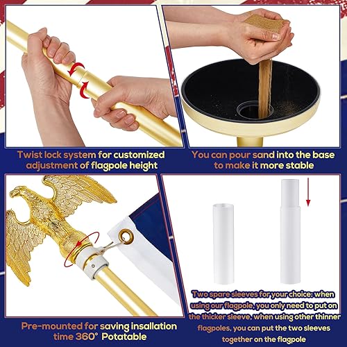 Miniatura 3 de Shimeyao Juego de 2 mástiles de bandera para interiores de 8 pies con base y decoración de águila de alta resistencia con soporte de bandera para