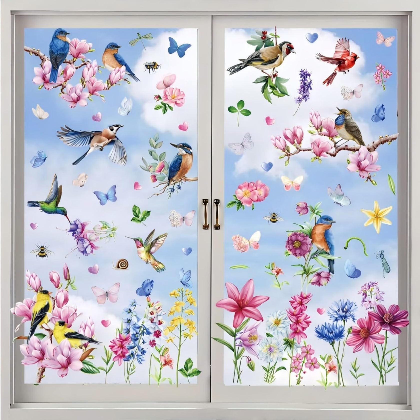 Lekabee Green Spring & Summer Window Clings, Flower Butterfly Tree Branch Hummingbird Window Stickers Decorations For Glass Windows,Flower Window Stickers For Seasonal And Home Decor Delight