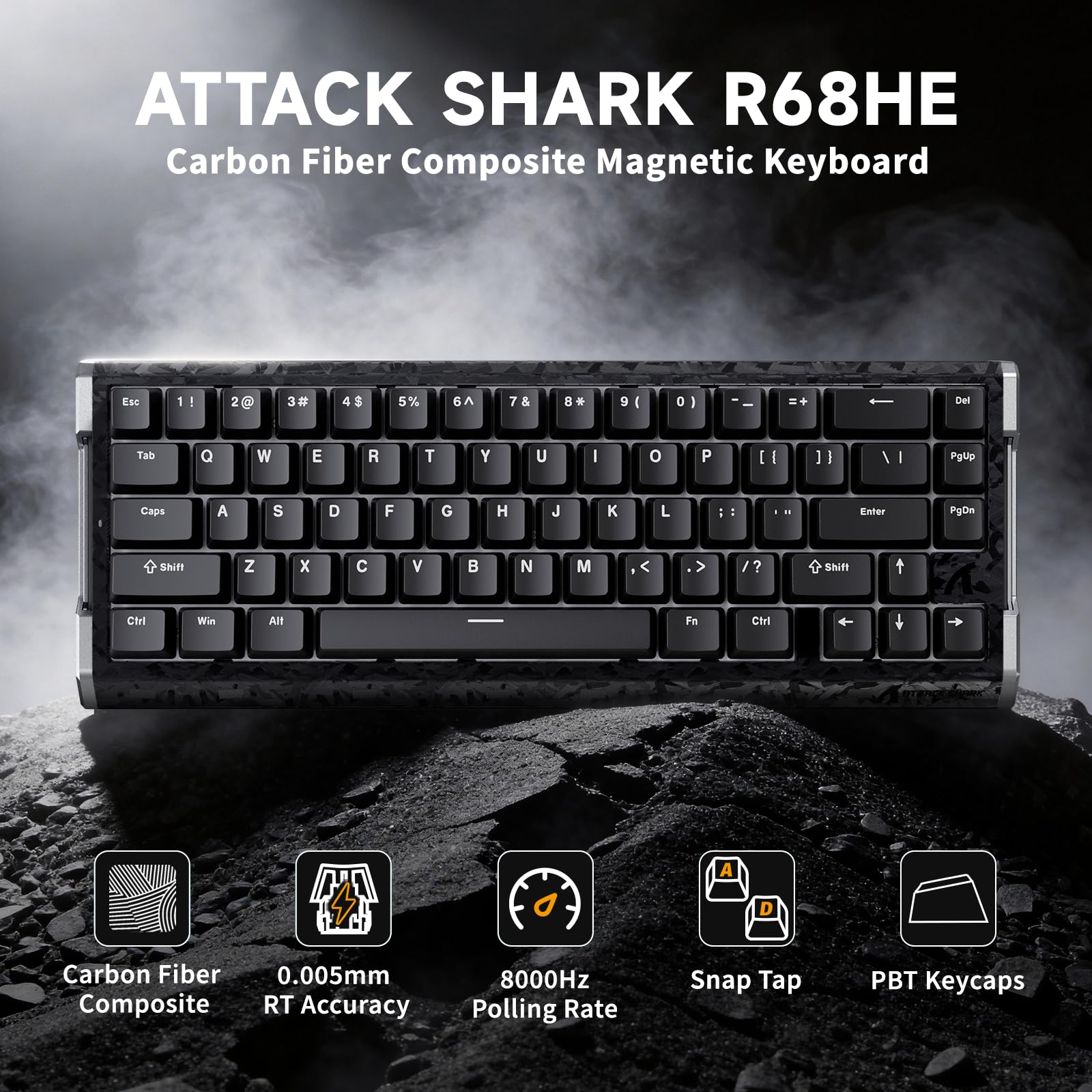 MAMBASNAKE ATTACK SHARK R68 HE Tastiera Rapid Trigger Fibra di Carbonio, Cablata 8KHz Magnetica, Precisione RT 0,005mm, Keycaps PBT, Smorzamento Acustico 6 Livelli, Dual Driver, RGB, PC/Mac, Nera - 3