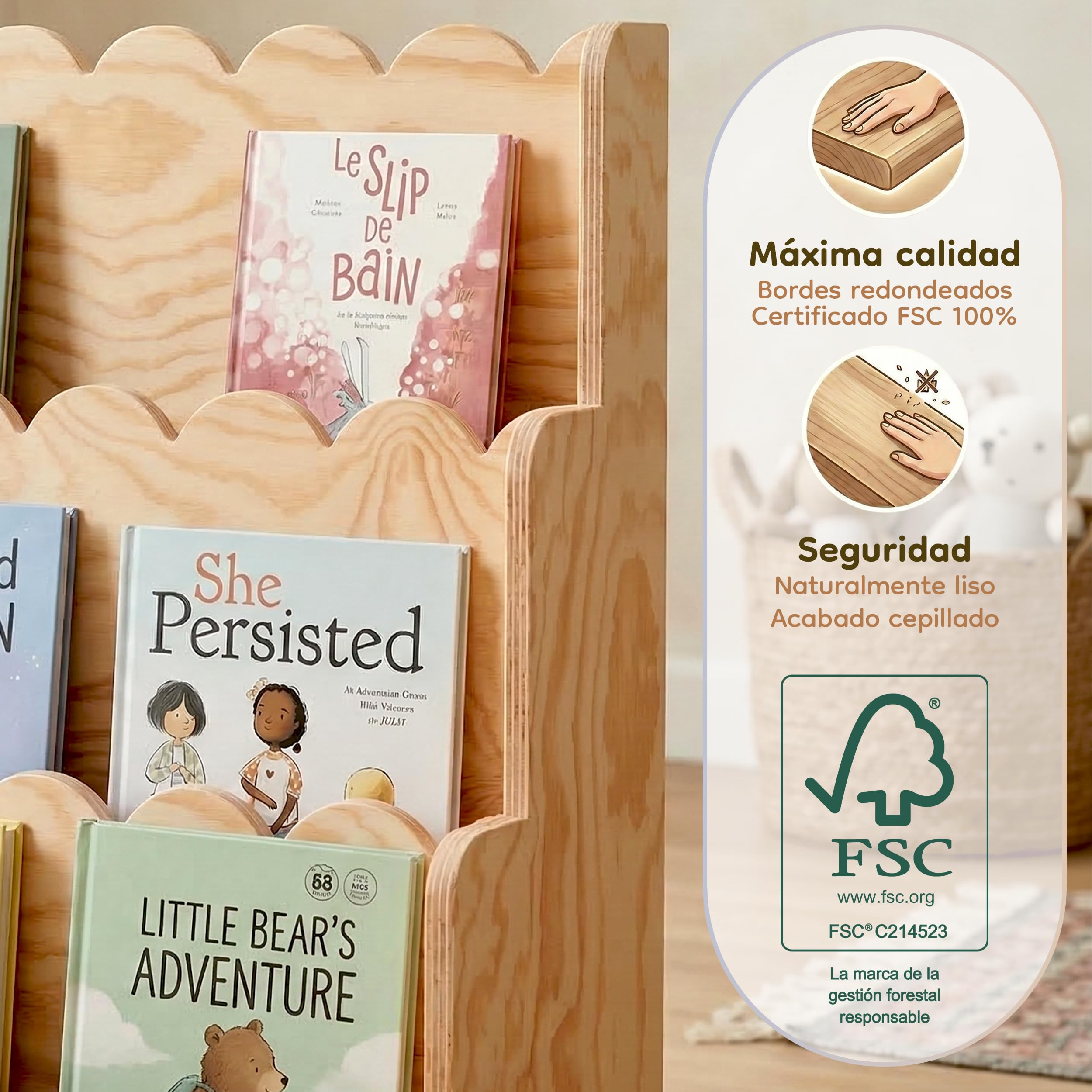 smartwood Libreria Infantil - Estanteria Montessori para Habitación Infantil con 3 Compartimentos de Pino Certificado FSC para Libros y Juguetes 64x31,5x71 cm - Estable y Montaje Fácil - Lulu