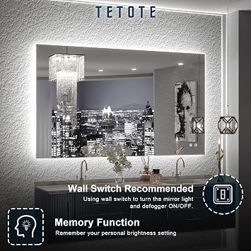 TETOTE 40 x 24 Inch LED Backlit Bathroom Vanity Mirror with Light,Anti-Fog,Dimmable,CRI90+,Touch Button,Water Proof,Horizontal/Vertical,Wall Mounted Lighted Mirror