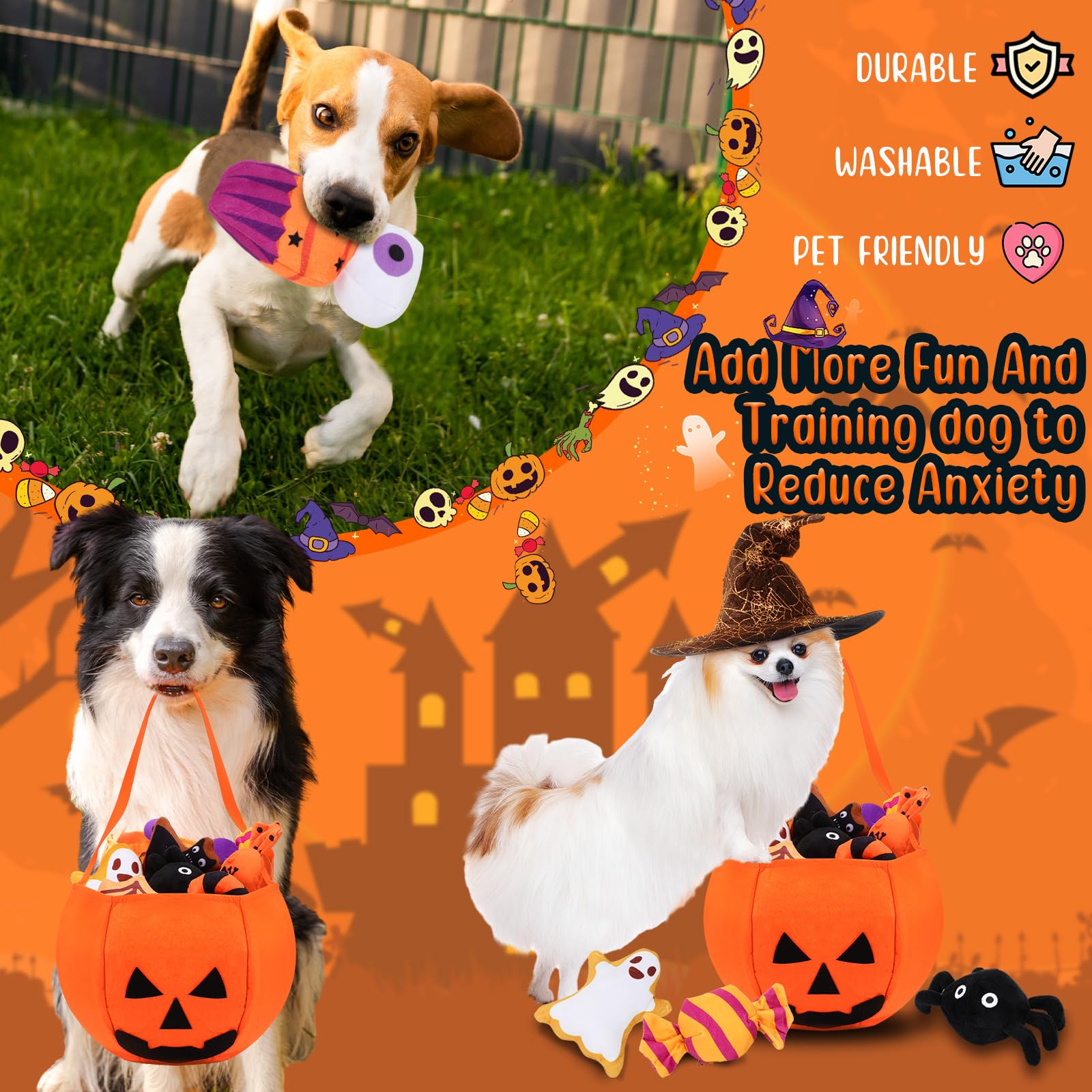 12-teiliges Halloween-Kürbis-Set, Halloween-Hundespielzeug, Halloween-Hundespielzeug, Quietschspielzeug, Plüsch-Kauspielzeug, Füllkörper, Hundespielzeug-Set, Zahnspielzeug für Hunde, Training