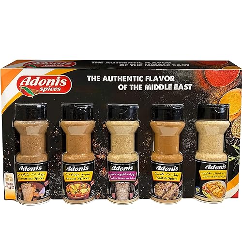 Adonis - Combo de especias de Oriente Medio, 3.53 oz x 5 (Shawarma, Siete especias, Shawarma de pollo, Kaftah, Kebab de pollo)