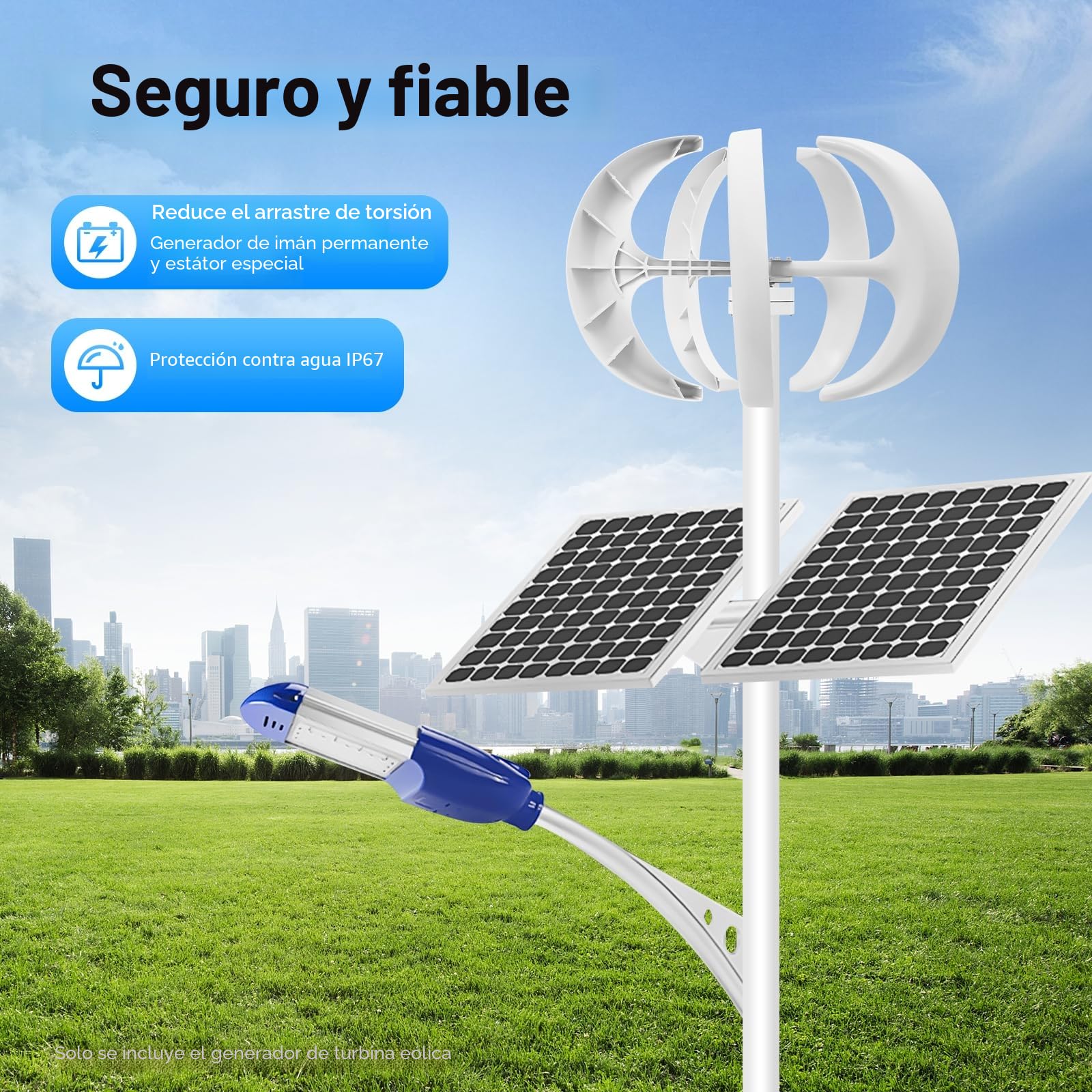 Aerogenerador de 600 W, aerogenerador con farol blanco, aerogenerador vertical de 5 aspas, adecuado para uso doméstico, de supervisión y en embarcaciones.