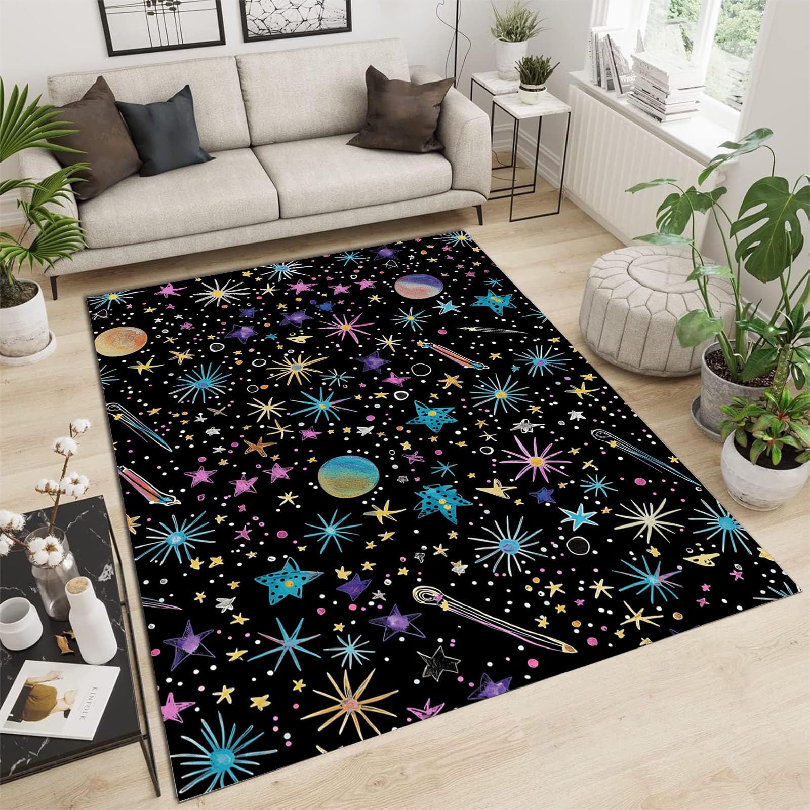 Tapis salon planète cosmique à poil ras doux et antidérapant