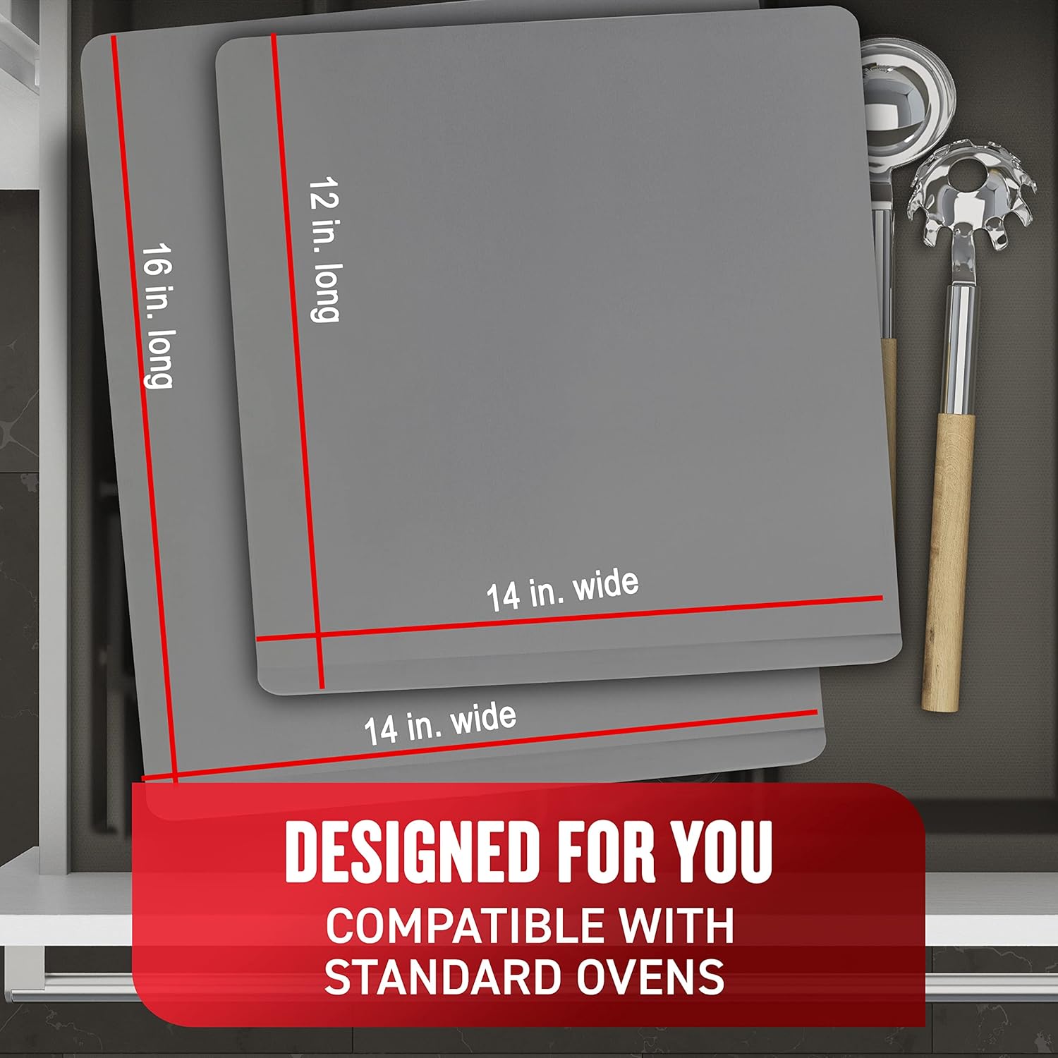 Two AirBake cookie sheets with dimensions 12in x 14in and 16in x 14in, text 'DESIGNED FOR YOU COMPATIBLE WITH STANDARD OVENS'
