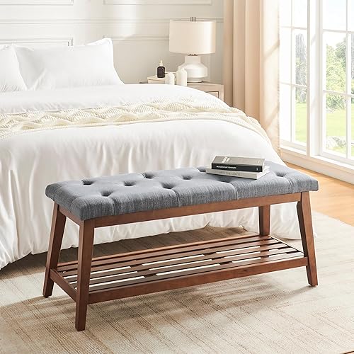 Miniatura 4 de Banco tapizado para el extremo de la cama, banco de entrada de 42.5 pulgadas para sala de estar, banco de comedor con asiento acolchado y patas de