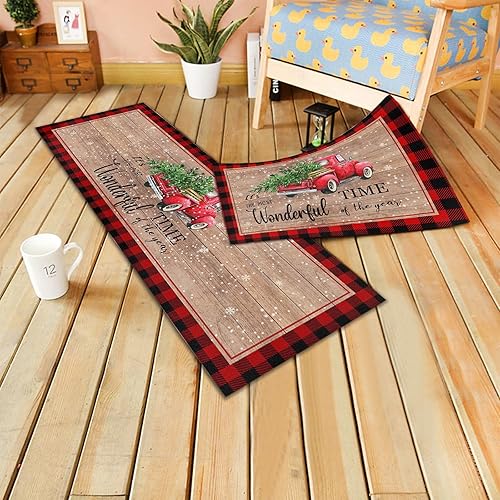 Miniatura 3 de Juego de 2 alfombras de cocina, decoración de árbol de Navidad, alfombras de cocina, antideslizantes, lavables, antifatiga, tapete de madera a