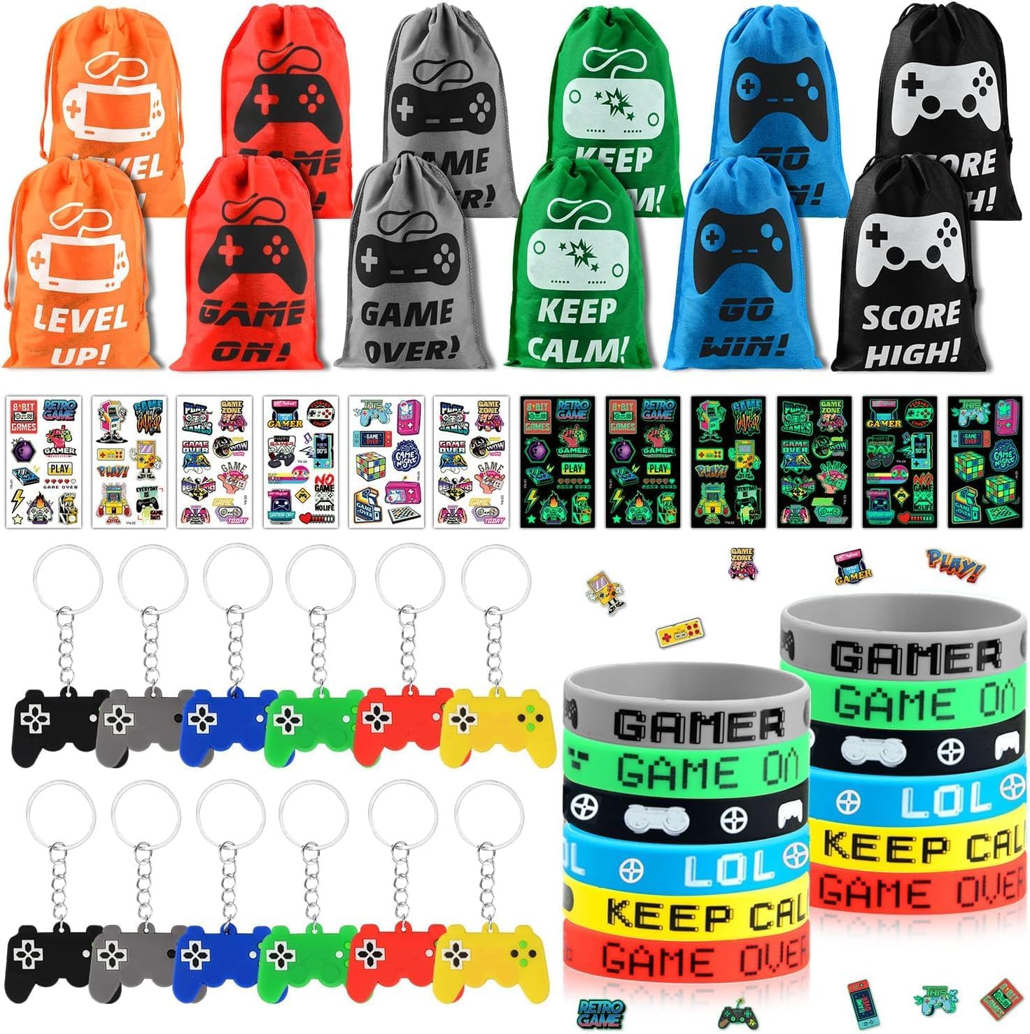 Video Game Party Bag Fillers,48 PCS Gaming Party Favours with Drawstring Bags,Silicone Bracelet,Keychain and Glow Temporary Tattoos,Party Bags Fillers for Kids Gamer Party Supplies (Colorful)