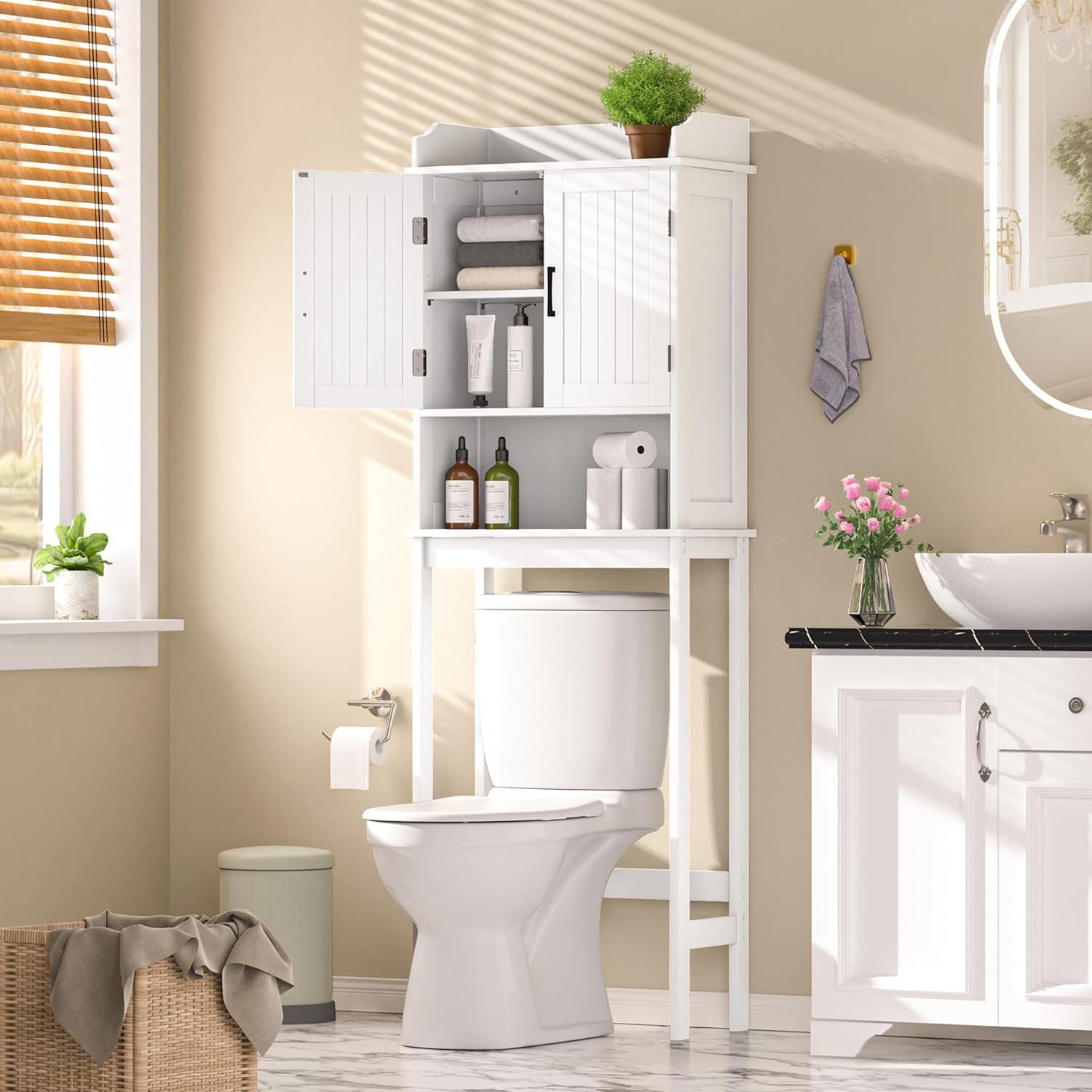 Over-The-Toilet Storage Shelf with Doors, Bathroom Freestanding Space Saver Organizer with Adjustable Shelf, White - Image 8