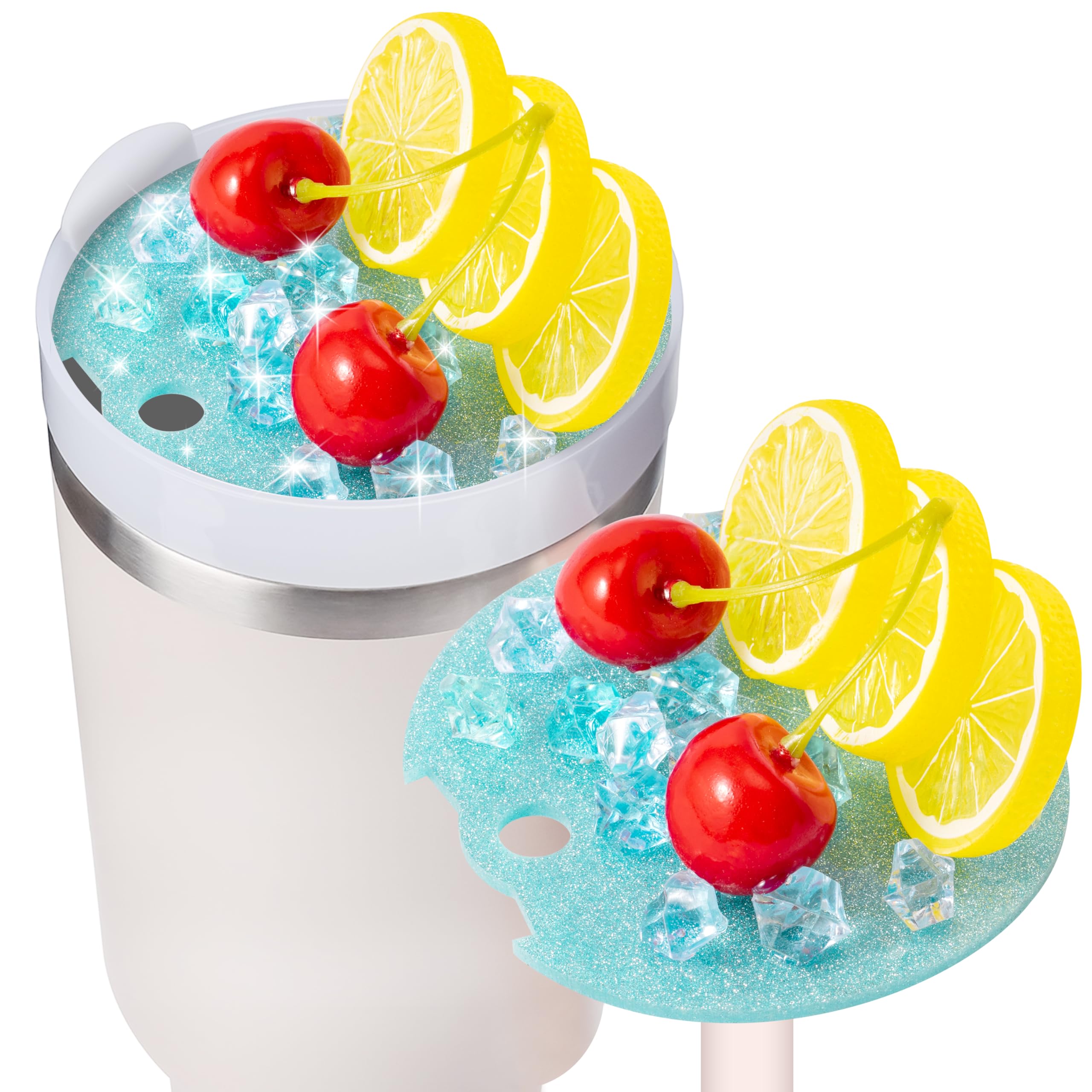 EYxsaxenk Lemon Cocktail Cup Topper Decoration - Summer Lemon Cherry Crystals Lid Plate Topper Sport Cup 40oz Accessory Cover Cap for Tumbler Water