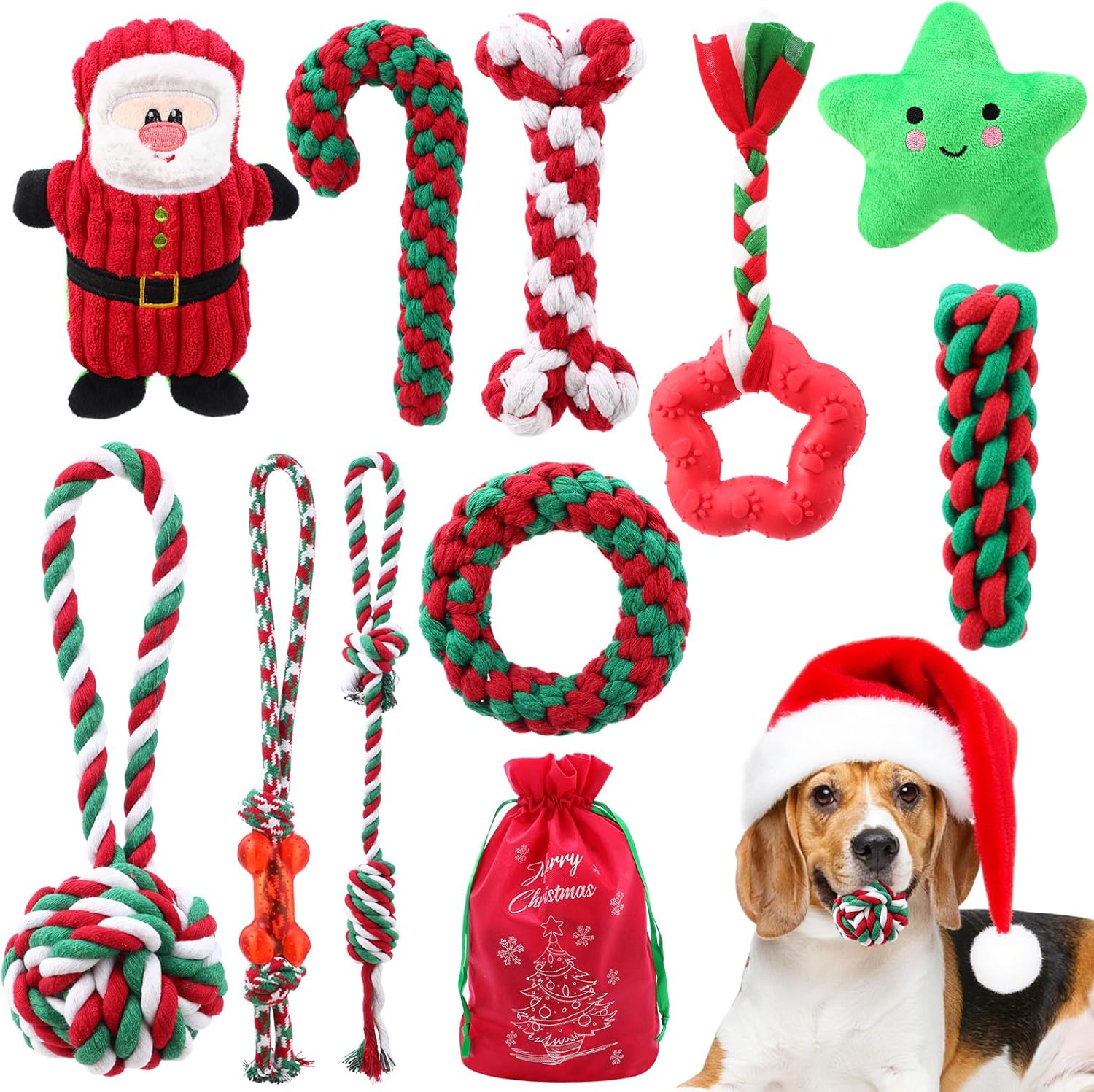 Soulchen 10 Pcs Christmas Dog Rope Toys for Stocking Holiday Puppy Chewing Toy with Santa Plush, Pet Teething Gifts with Red Bag for Small Medium Dog Teeth Cleaning and Interacting Play Games