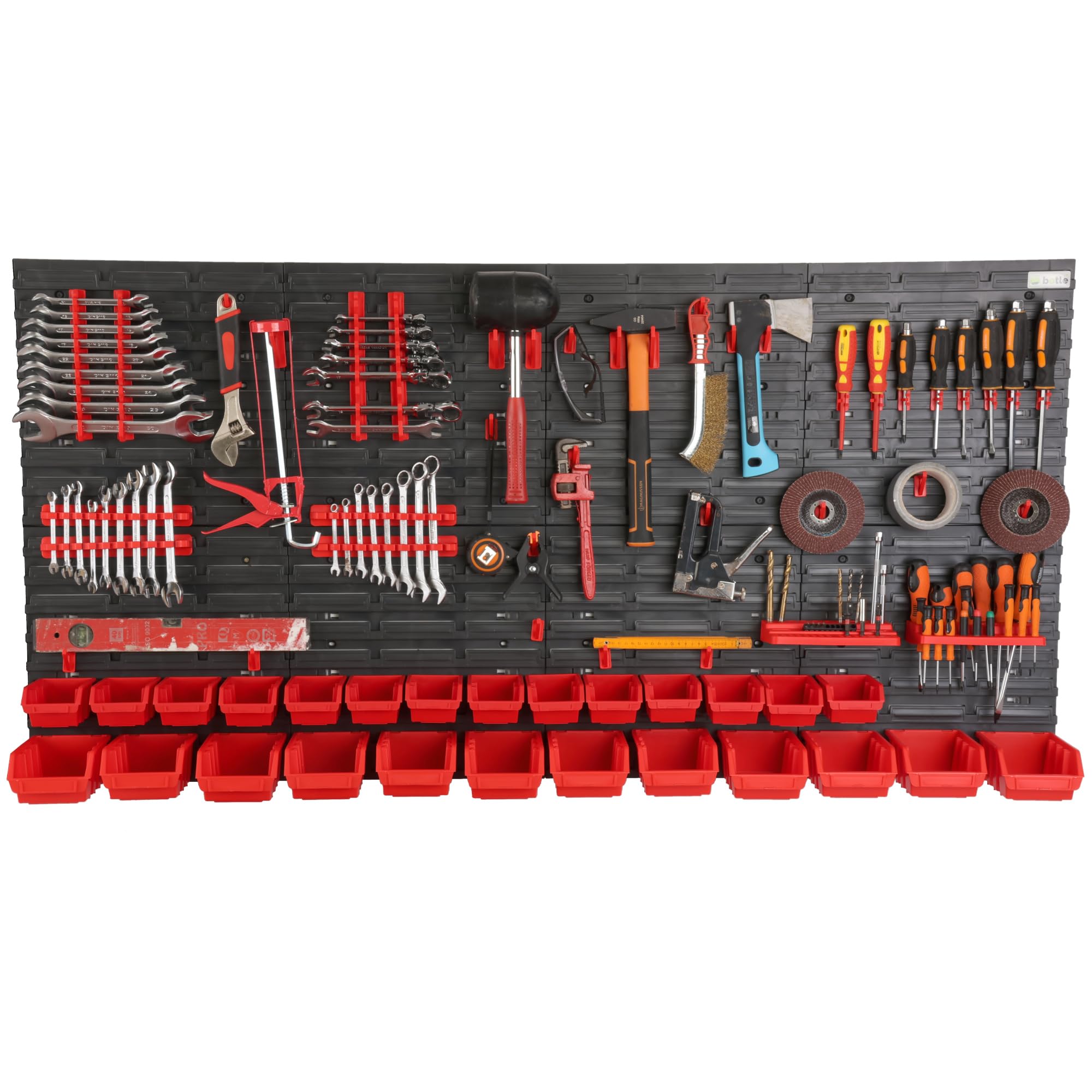 Módulo de pared para herramientas, estante de pared 160x80 cm, juego de 26 contenedores en negro/rojo, soporte para herramientas, plástico, sistema de almacenamiento, expandible