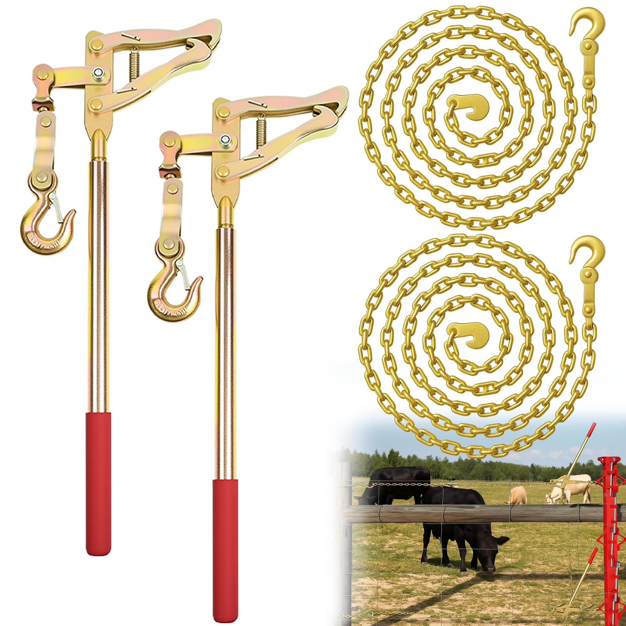 View 1 of [2-Pack] Heavy Duty Fence Stretcher Tools with 20ft Chains, 2200lbs Capacity Wire Tensioners & Pullers for Ranch/Farm Barbed Wire, High Tensile Steel, Contractor Grade, Yellow Zinc Plated