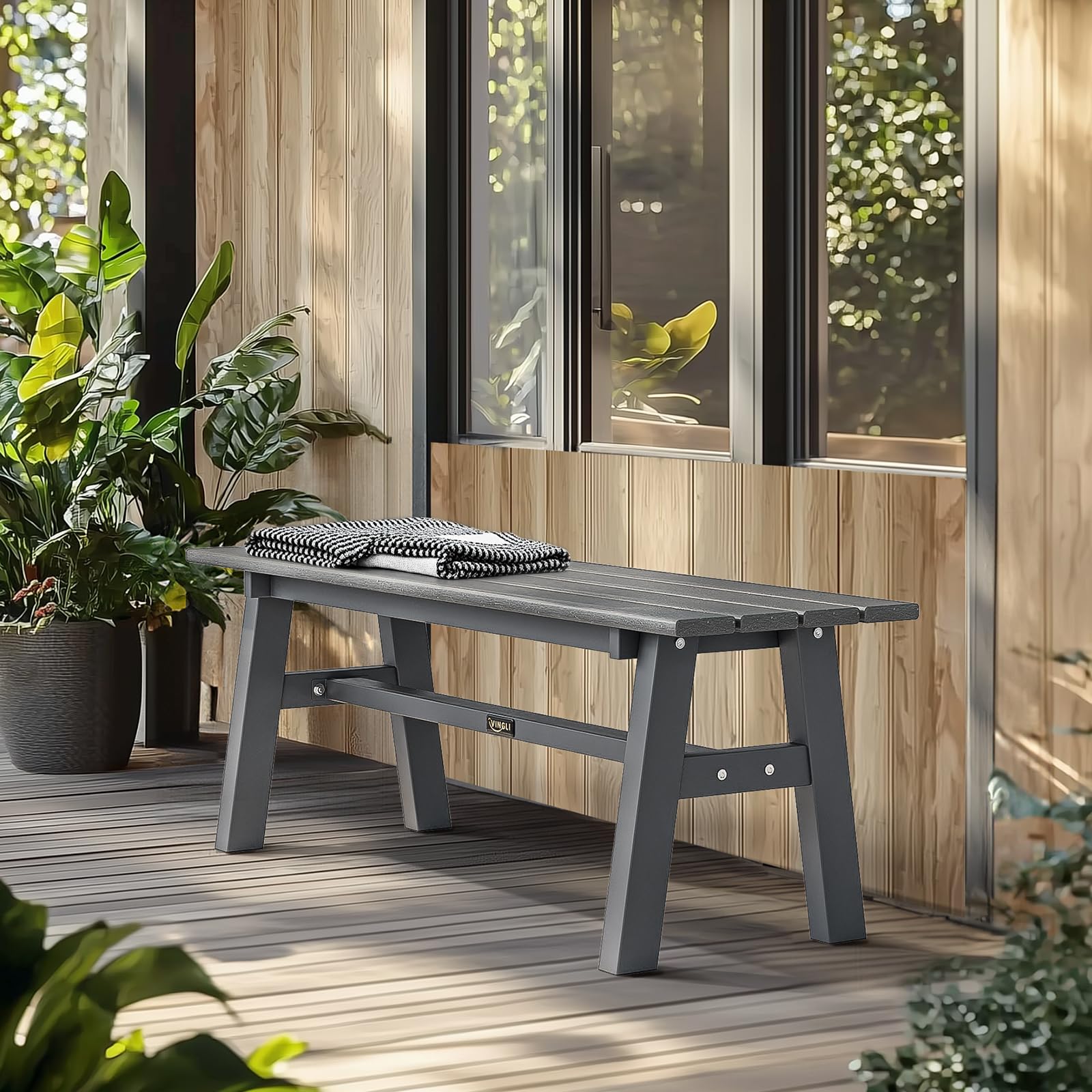 Bonnlo Panchina da Esterno in HDPE 118 x 36 x 42cm Panca da Giardino Portata 300kg Grigio