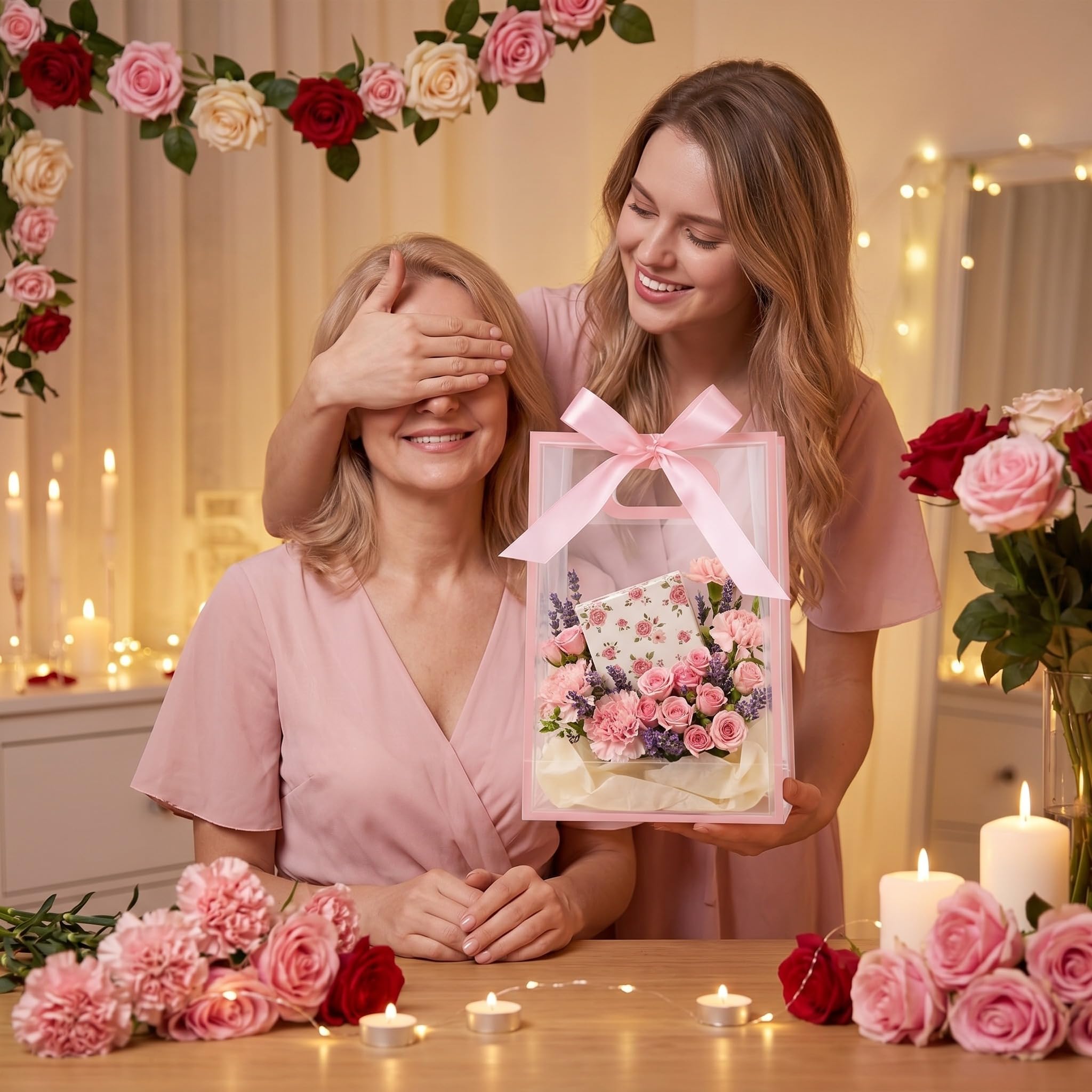 Gueevin 24 Pcs Mother's Day Heart Gift Bags with Ribbon Pink Heart Clear Plastic Gifts Bags with Handles Reusable Gift Wrap Tote Bag for Mom Wedding Bridal Birthday Party