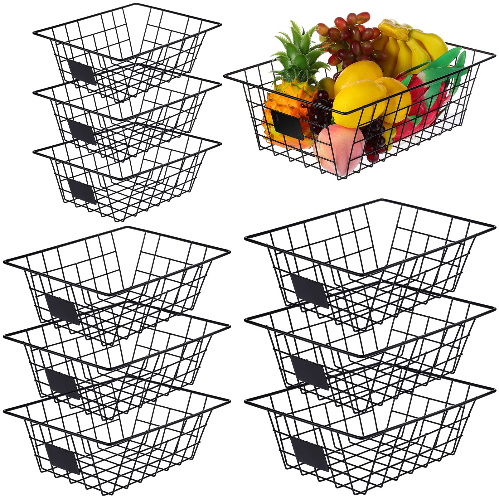 Tanlade9 Pack Metal Wire Baskets for Storage Pantry with Labels 3 Different Sizes Pantry Baskets Large Black Snack Basket Organizer Stackable Pantry Storage Bins for Kitchen Cabinet Laundry Bathroom