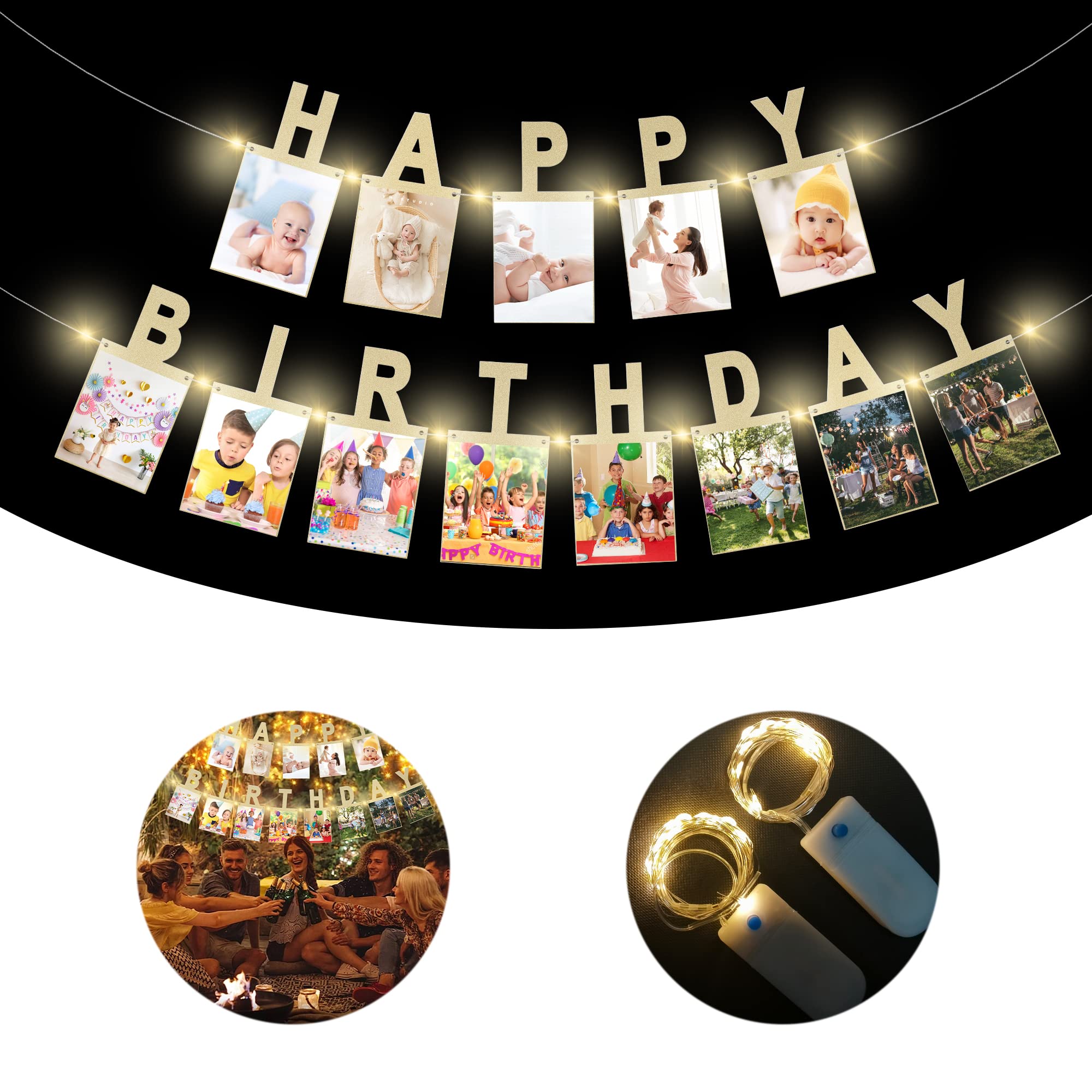 Birthday Photo Banner with 2 Strings of Fairy Lights for Children and Adult Birthday Party Decorations, Annual Milestone Happy Birthday Banner (Gold)