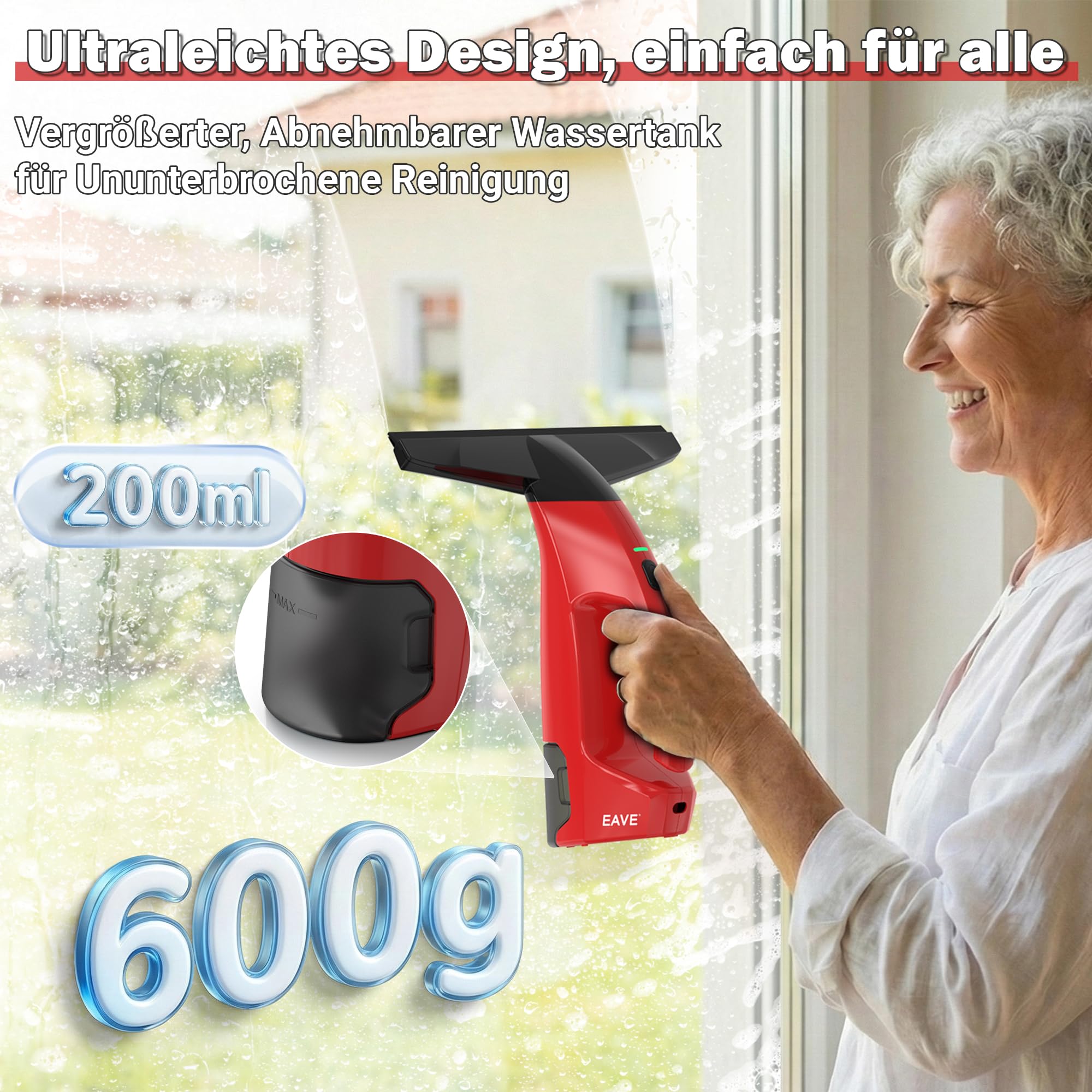 EAVE Limpiacristales Electrico, Set Limpiacristales con 45min de Autonomía, Limpia Cristales Electrico Ventanas con Boquilla de 28cm y Depósito de 200ml, Apto para Ventanas y Espejos (Rojo)