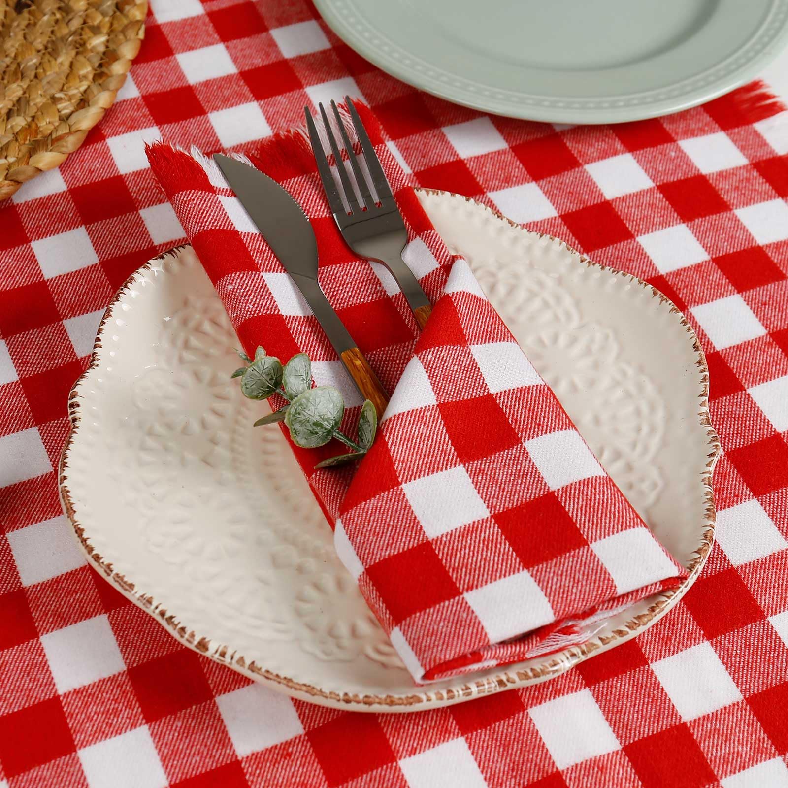 Black Green Plaid Cloth Napkins With Fringe Set Of 8, Buffalo Checkered Cotton Napkins Washable, Oversized Gingham Napkins, Christmas Dinner Napkins - View #8