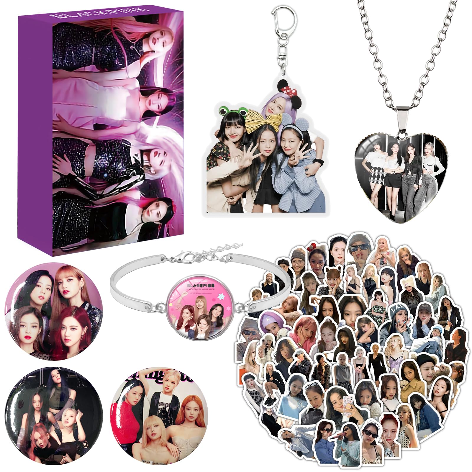 Blackpiink Merchandise Set, Bllackpink Gift Badges Keychains Necklaces Bracelet Card Stickers, Blackpiink Fans Items