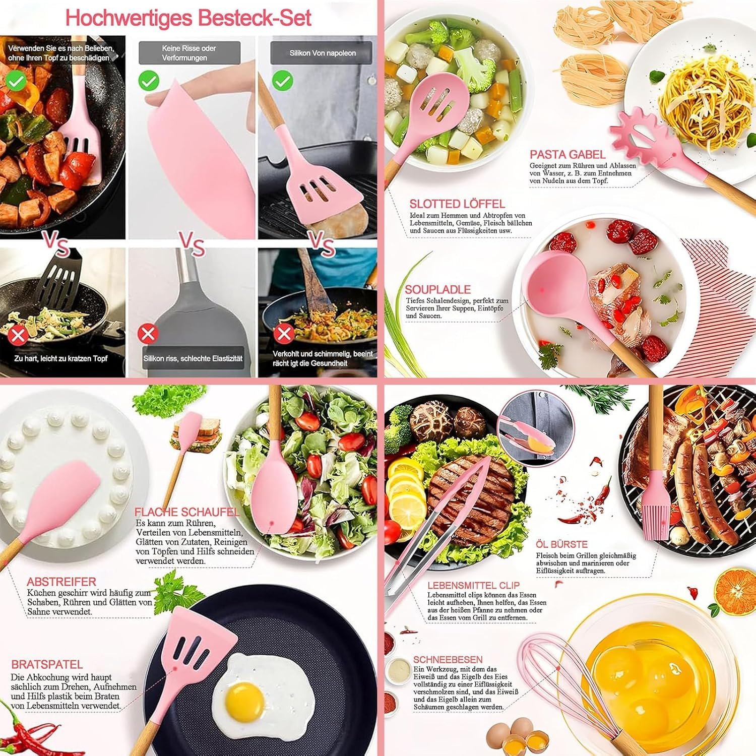 Silicone Kitchen Utensils Set of 19 Pieces Kitchen Utensils with Stand and Kitchen Knives for Kitchen Non-Stick Heat Resistant with Wooden Handle (Pink)