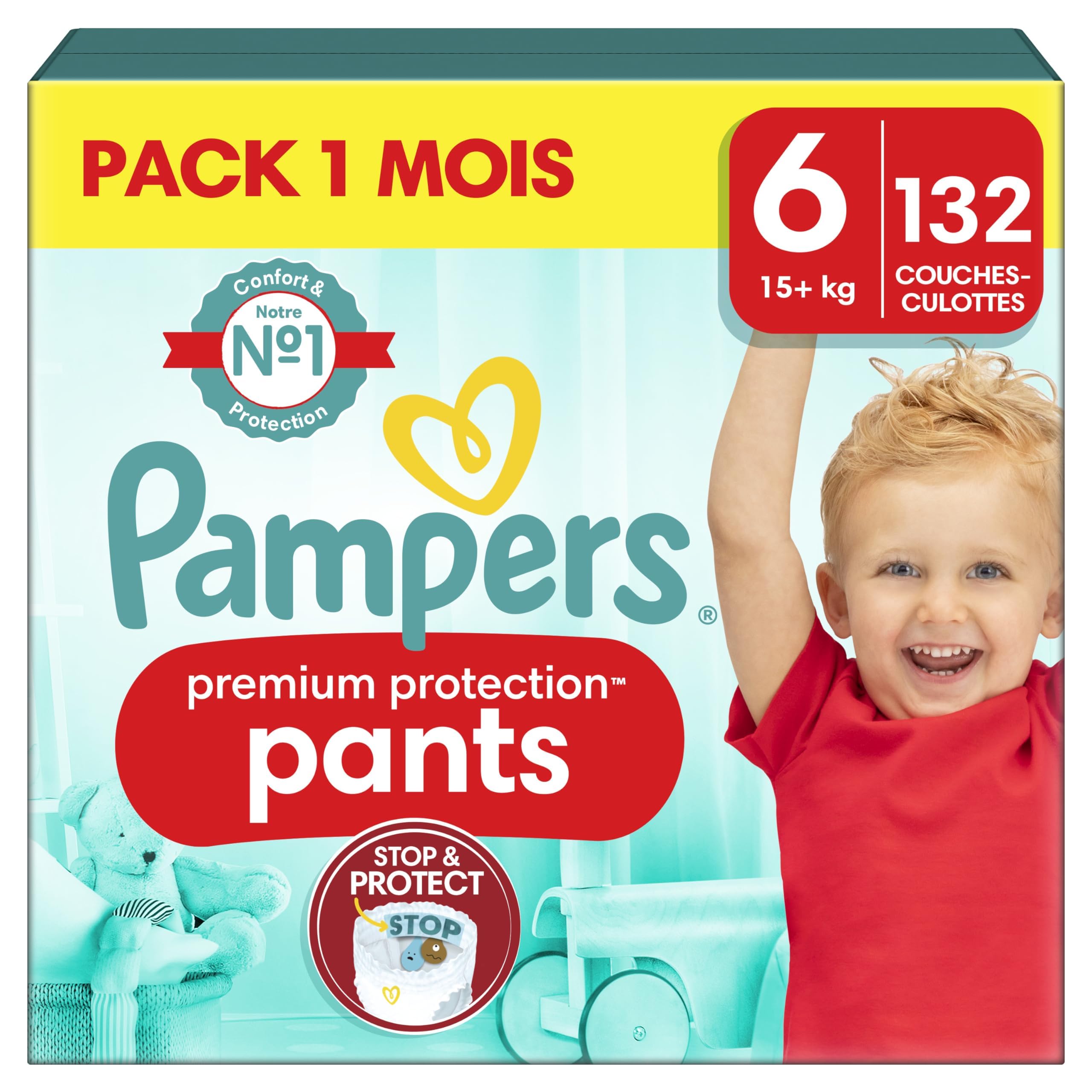 Pampers Talla 6 Pañales (15+ kg), Protección Premium, 132 pañales, caja mensual, funda de ropa 1 para mayor comodidad y protección de la piel sensible