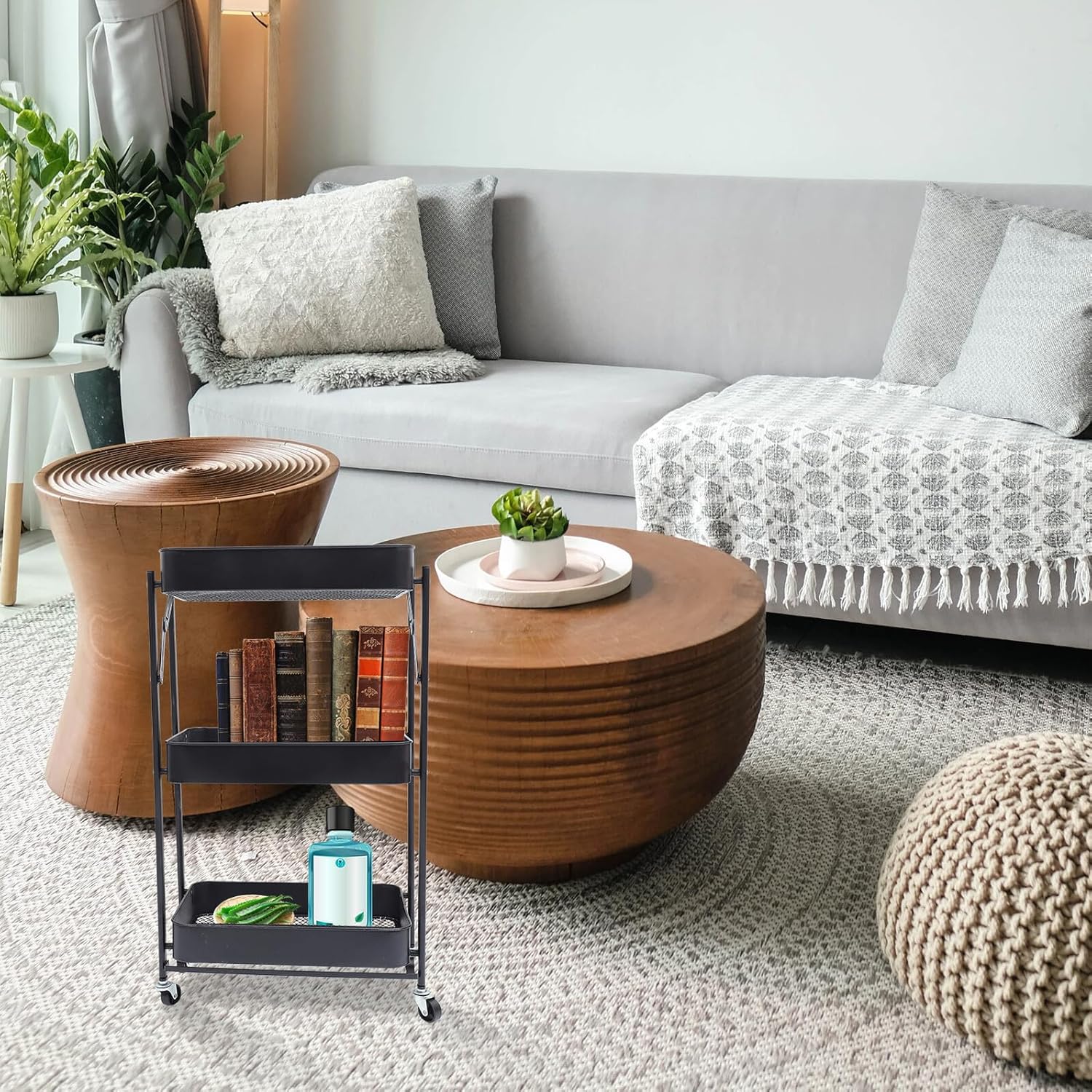 Multi-Layer Rolling Storage Cart Black, Foldable Detachable Kitchen and Bathroom Rack with Wheels, Floor-Mounted Utility Shelf for Home and Office Organization