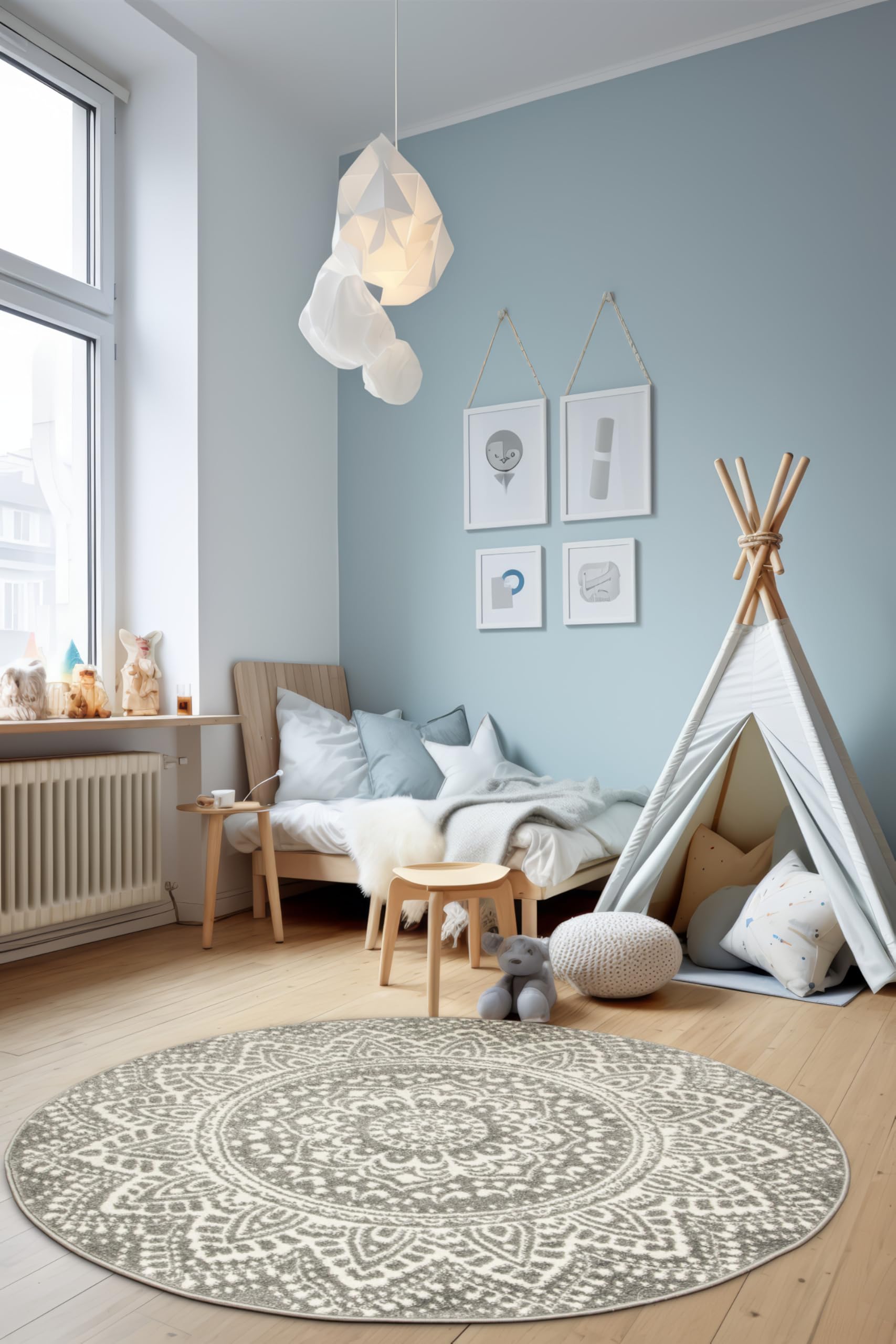 Teppich Runder Muster Mandala Boho 140cm Weiß Grau, moderne Teppiche Wohnzimmer kurzflor, Teppiche Area Gegend, Tepich Schlafzimmer,Bedroom Rug