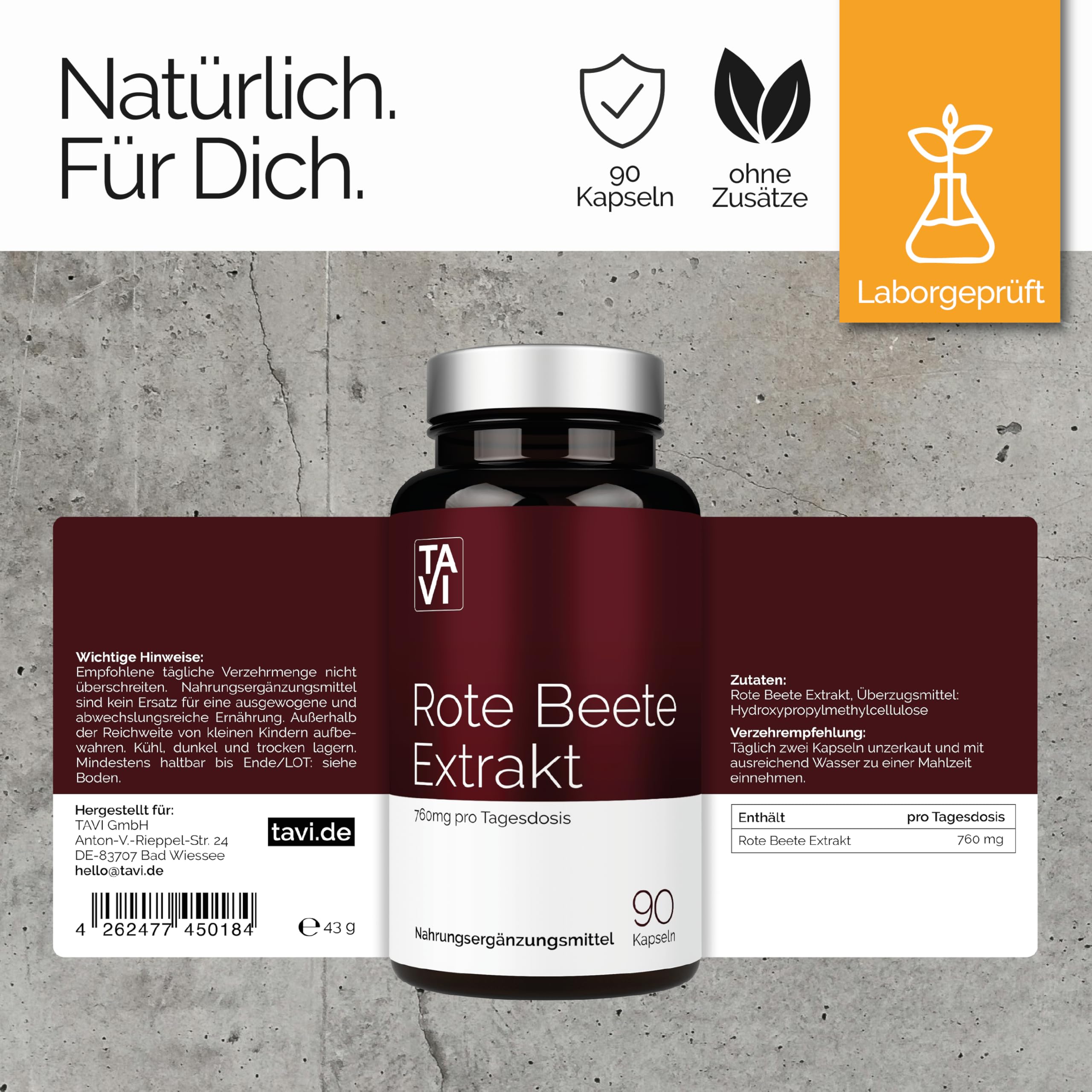 TAVI® Rote Beete Extrakt • hochkonzentriert • Kapseln ohne Zusatzstoffe | Reines Extrakt • vegan • Hergestellt und laborgeprüft in Deutschland
