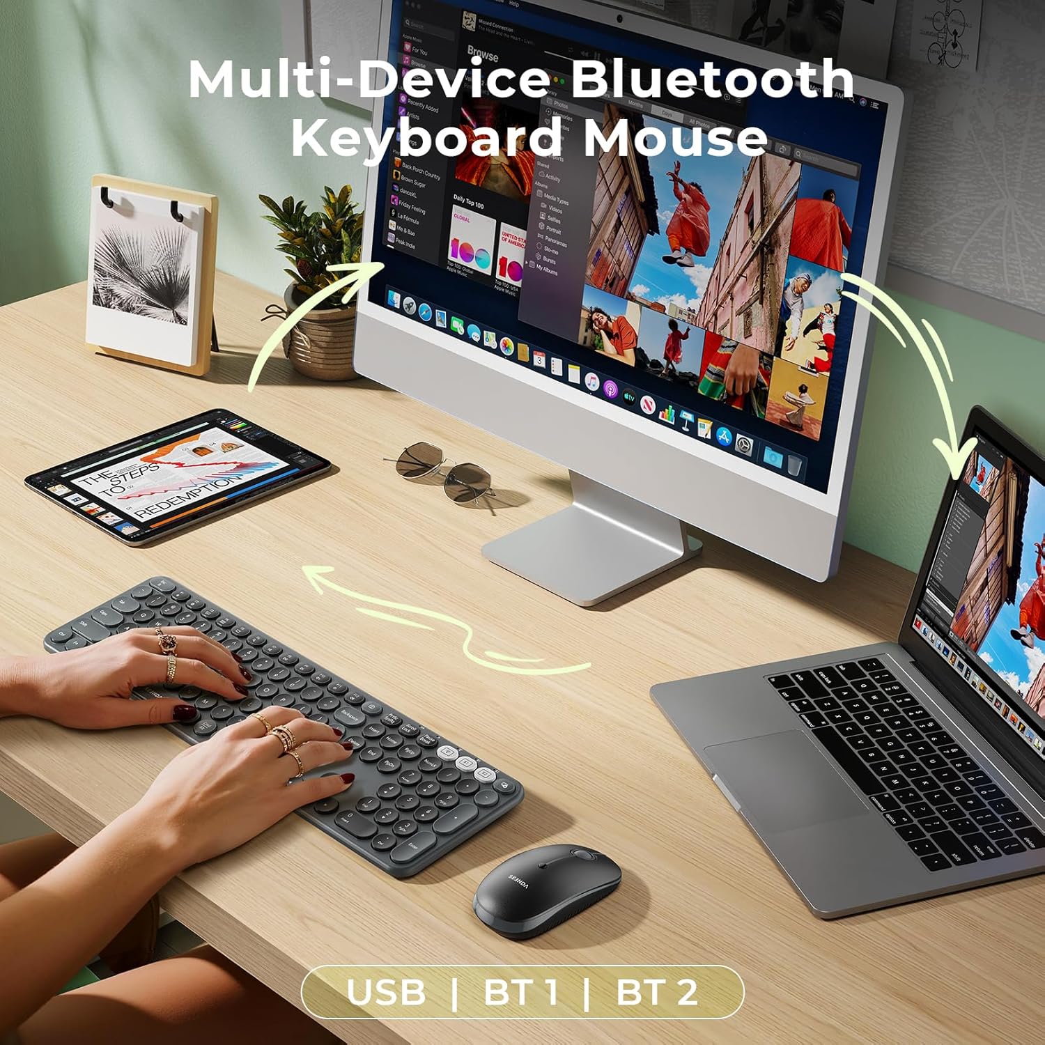 seenda wireless bluetooth keyboard and mouse combo, coe202 round cute keycaps, 3 multi-device connection, full size wireless keyboard mouse compatible for pc/laptop/mac/macbook/ipad/tablet, black