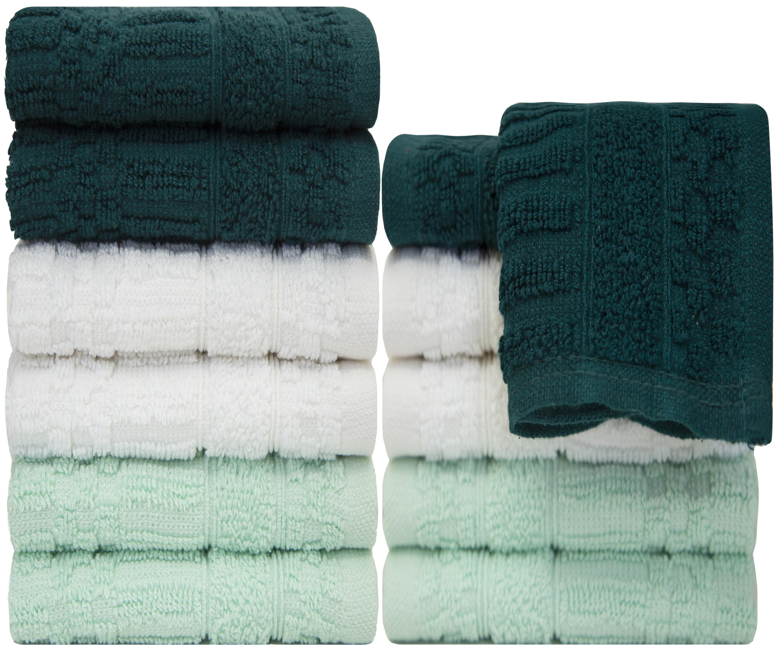PH Pleasant Home Diamond Wash Cloths Set - 12 Pack (12” x 12”) – 509 GSM - 100% Ring Spun Cotton Wash Cloth - Super Soft and Highly Absorbent Face Towels (Green, White &amp; Mint)