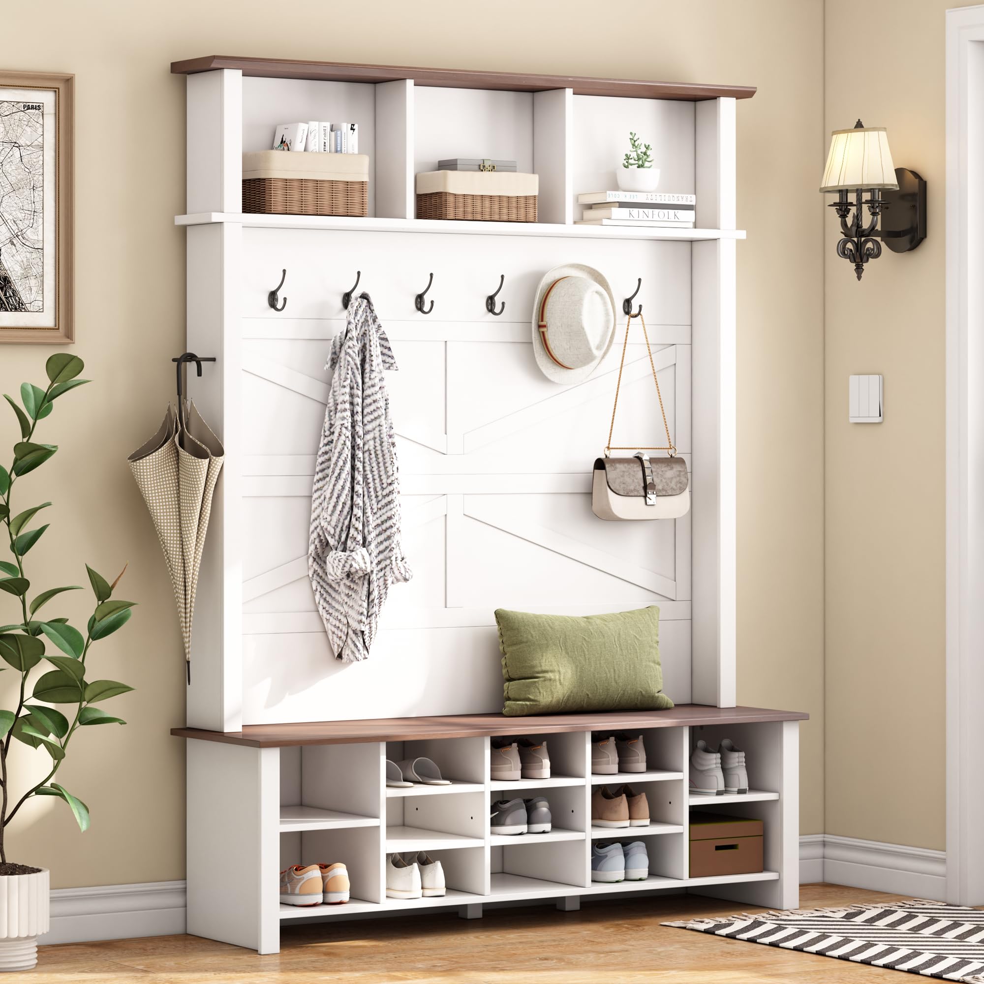 Amazon.com: Merax Farmhouse Wood Hall Tree with 6 Hooks and