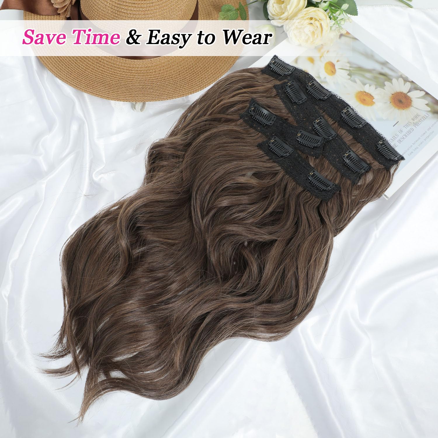 FINE PLUS Hair Extensions Clip in 4PCS Medium Brown 14Inch Hair Extension Wavy Hair Extensions Full Head Clip in Hair Extension Synthetic Fiber Hair Pieces for Women (Medium Brown) - Image 2