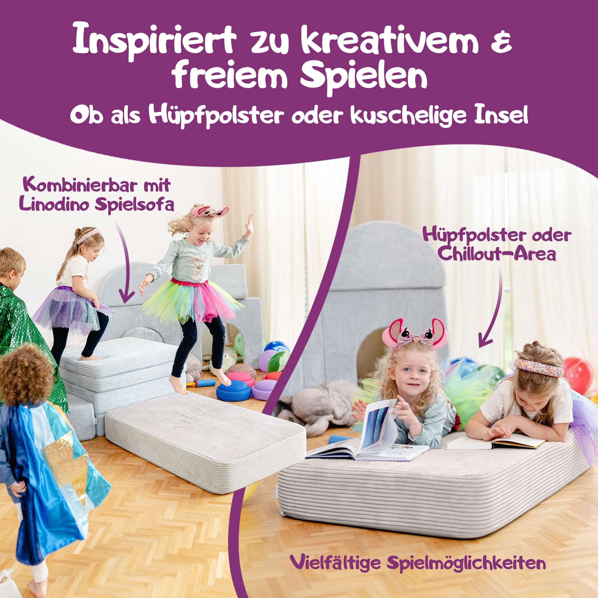 Linodino Hüpfpolster für Kinder 107x70x17cm – Hüpfmatratze Cord-Bezug mit Federkern – Oeko-Tex Standard 100 Zertifiziert & waschbar