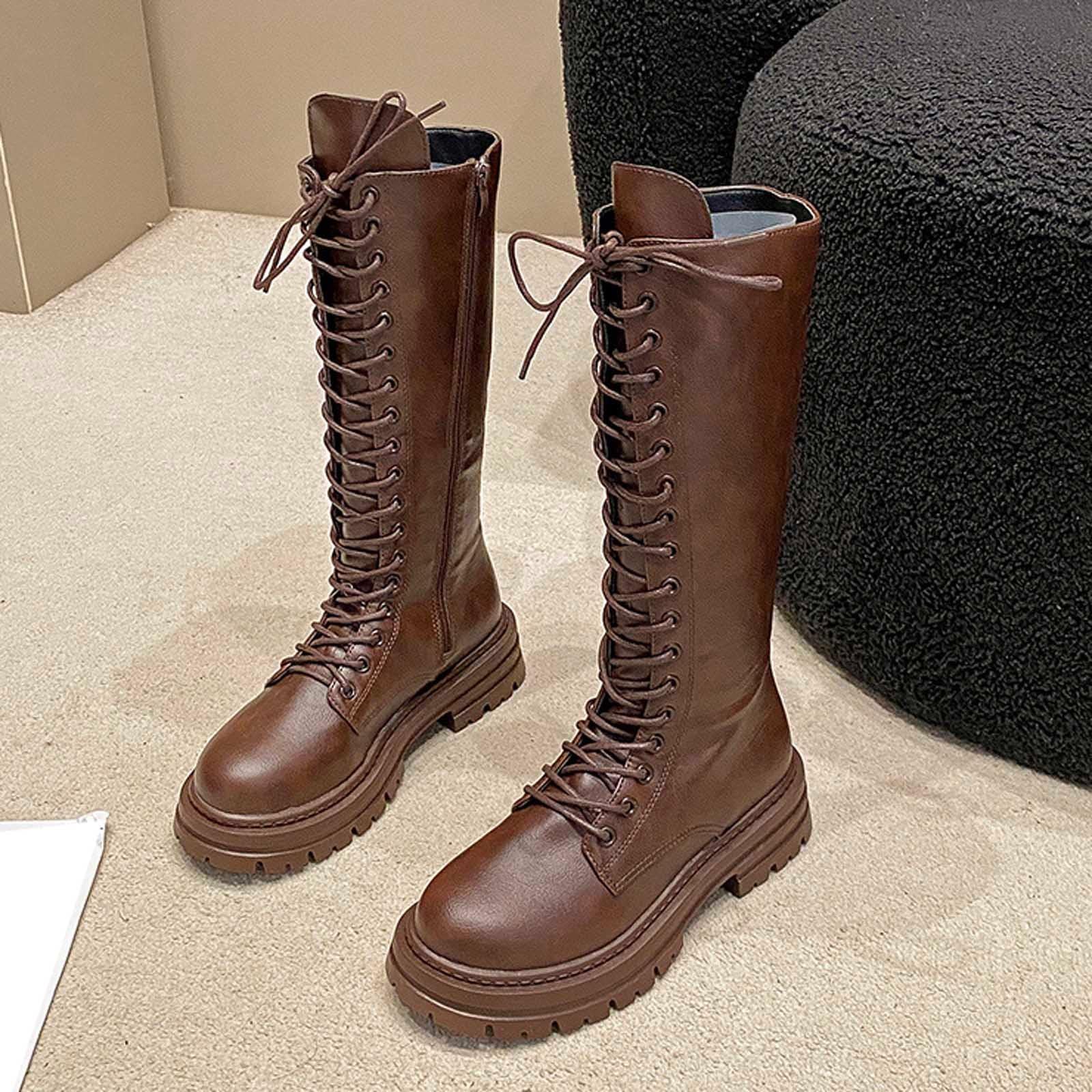 Botas altas hasta la pantorrilla Botines de invierno de moda con cordones Botines cómodos de plataforma con tacón grueso Botas casuales de tobillo