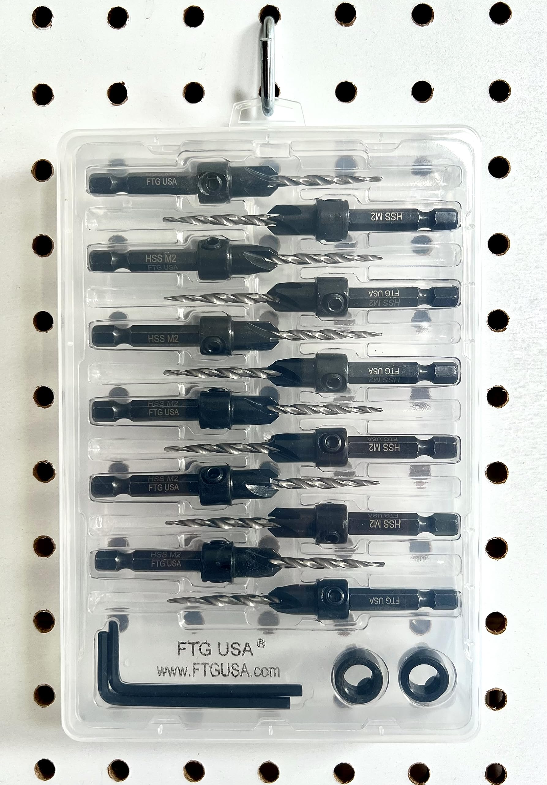 FTG USA Juego de 12 brocas cónicas #6 (9/64") – Juego de brocas cónicas para madera – Brocas cónicas – 2 abrazaderas de detención de profundidad – Llave Allen – Caja de almacenamiento