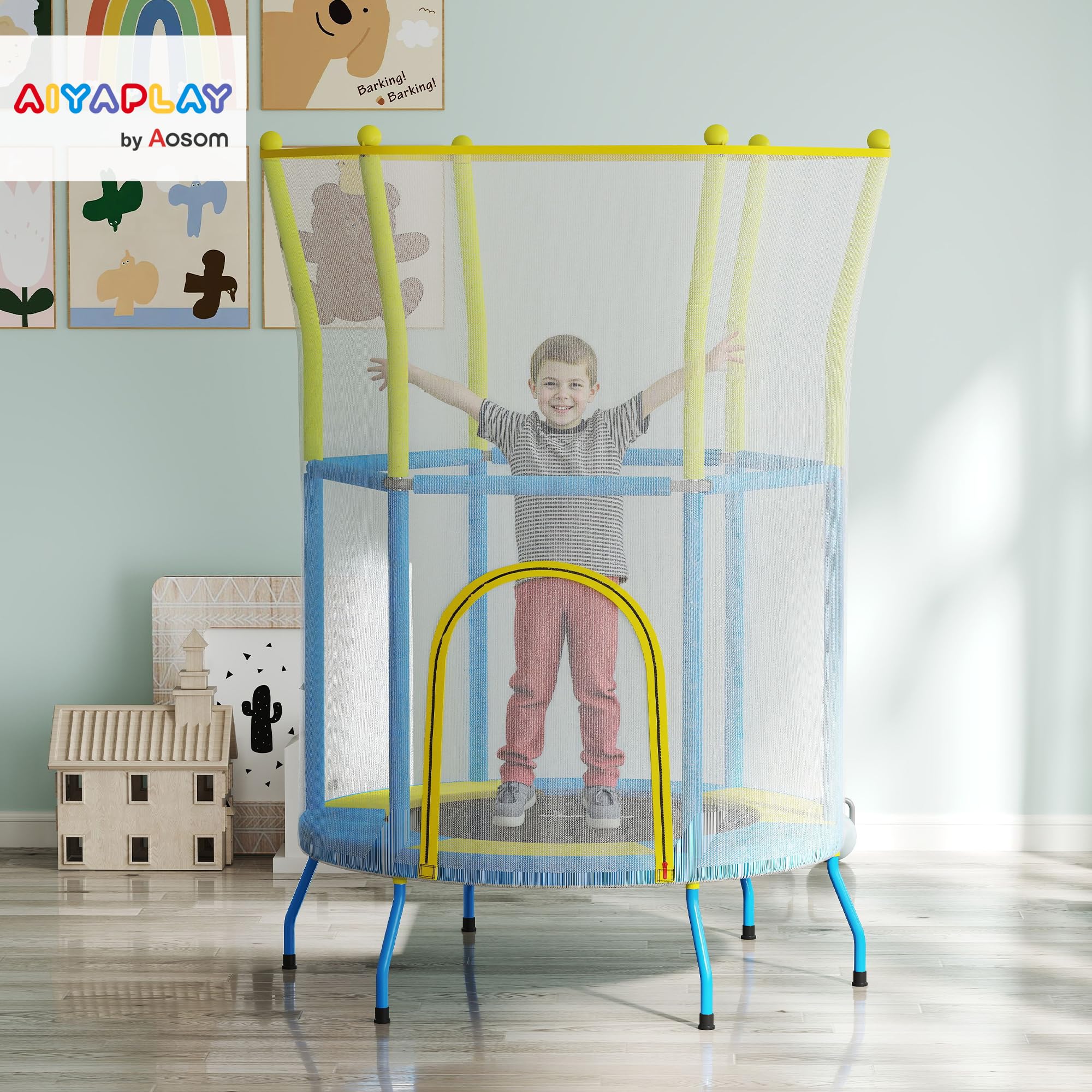 AIYAPLAY Cama Elástica Infantil Ø140x190 cm Trampolín para Niños de 3-6 Años con Red de Seguridad Barras Acolchadas Carga 45 kg para Interior Multicolor
