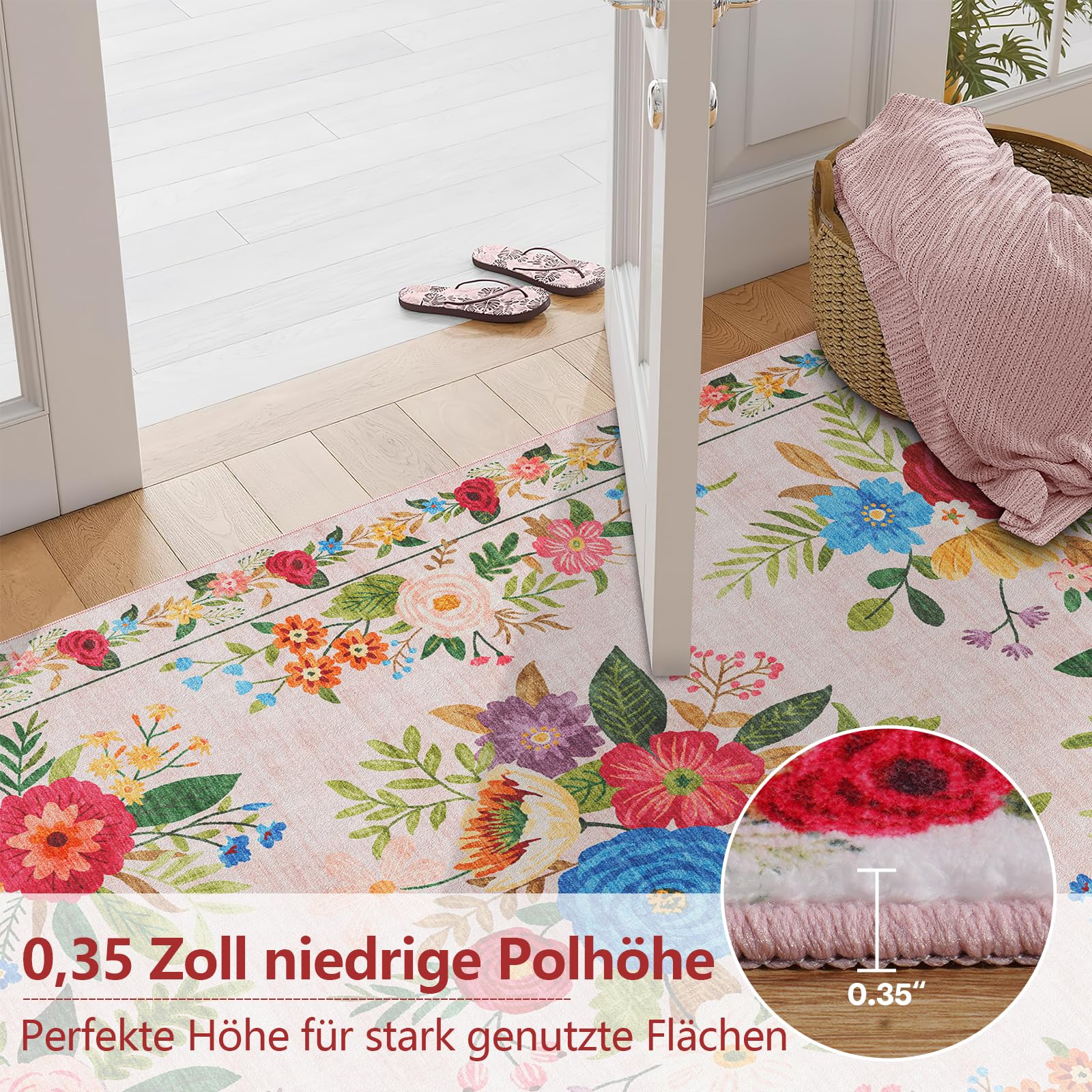 Tapis Rond 120cm Lavable Machine, Moquette Antidérapante Poil Bas Style Boho, Motif Floral Oriental Doux pour Salon, Chambre, Cuisine, Nursery, Bureau