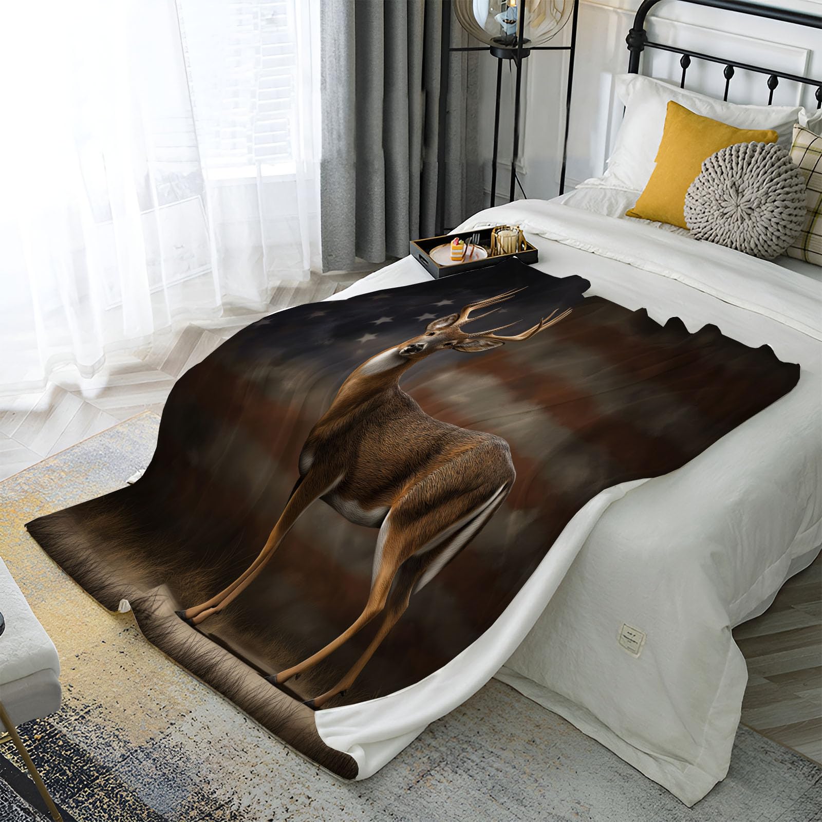 Couverture en flanelle grand format 220x240 cm et plaid canapé microfibre doux imprimé cerf