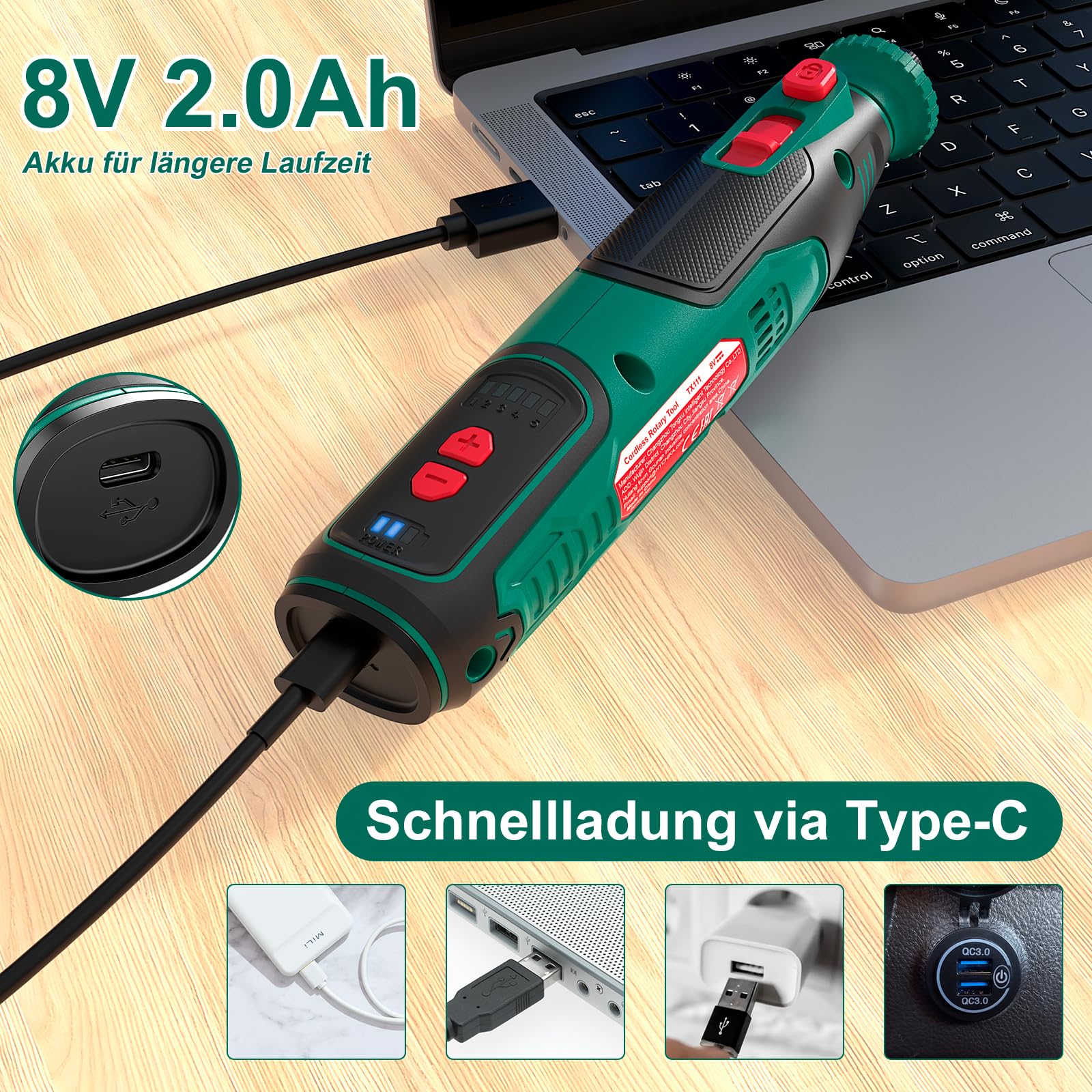 HYCHIKA Akku-Rotationswerkzeug 8V 2,0Ah leistungsstärkerer Akku, 5-Gang bis 30000 U/min, 145-teiliges Zubehör inkl. Kettensägeschärfer & LED-Arbeitsleuchte für Gravieren, Polieren, Schneiden, Bohren
