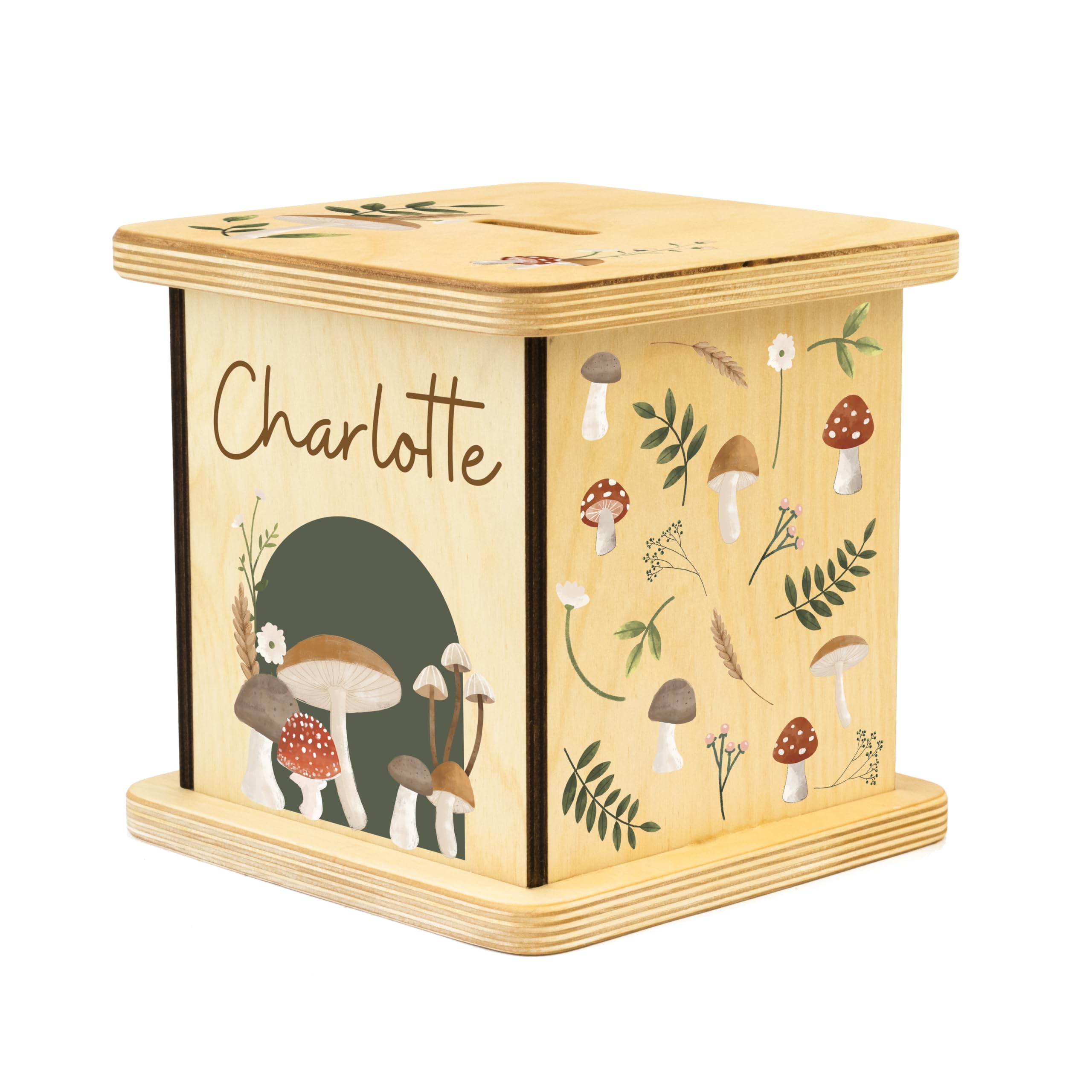 Wooden Piggy Bank for Kids and Adults, Personalized Gift Handmade in USA by BloomOwl, Custom Piggy Bank, Personalized Banks for Kids, Gifts for Baby Boys and Girls (Mushroom)