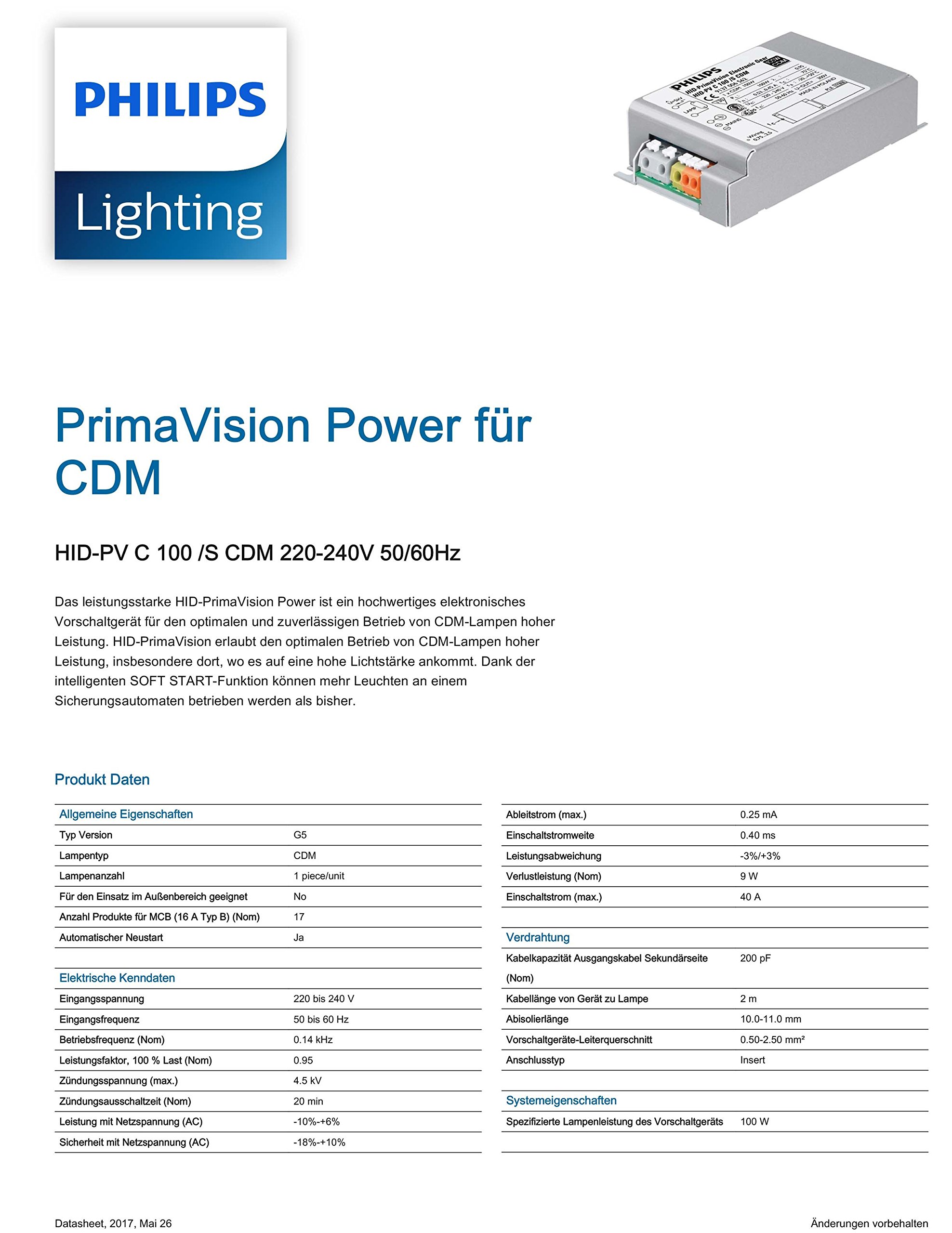 Philips 89762300 HID-PVC 100/S CDM PrimaVision Power für CDM, 220-240V, 50/60Hz