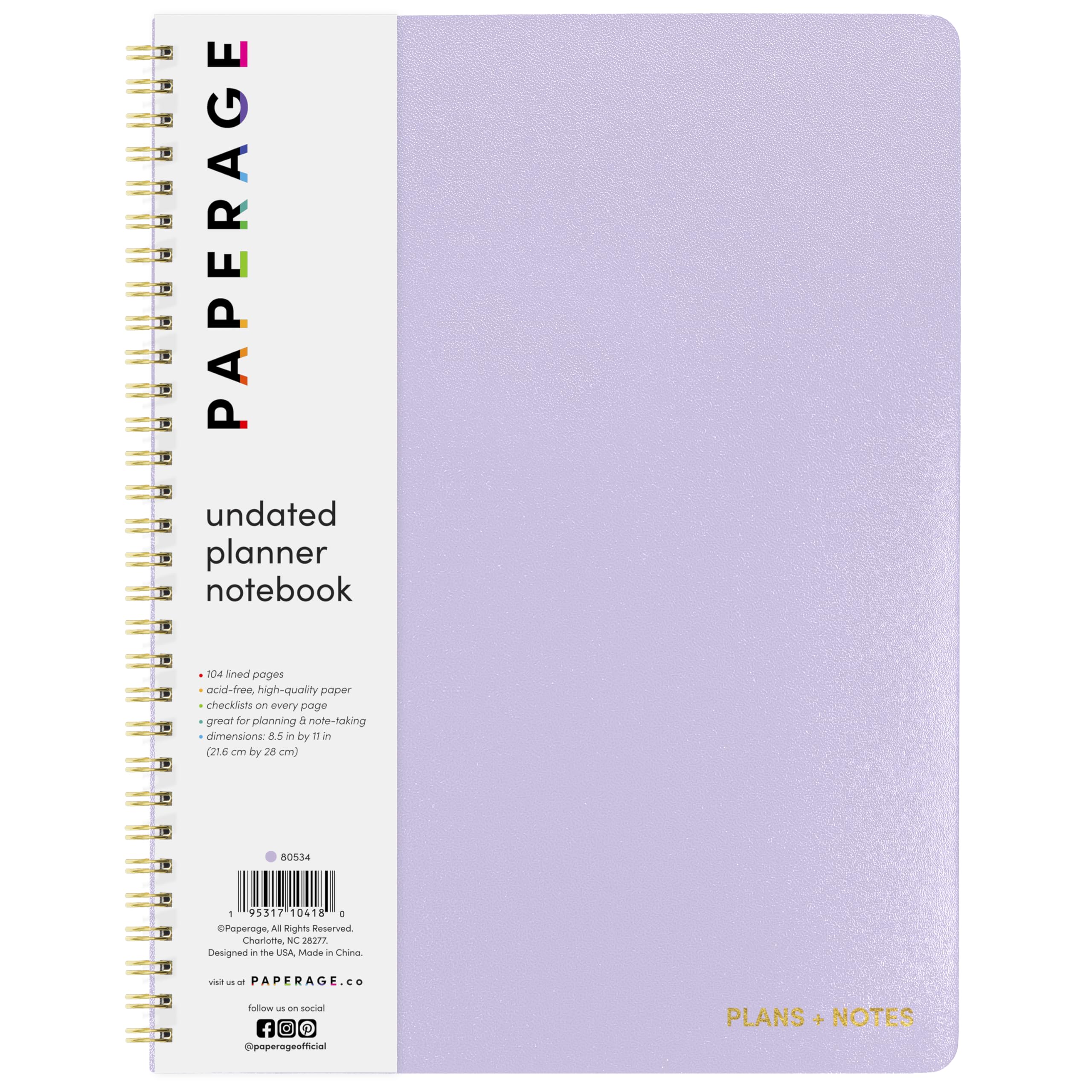 PAPERAGE Undated Daily Planner & To Do List Notepad (Lavender), 8.5 in x 11 in, Spiral Bound Planner Notebook for Work, School or Home, 104 Lined