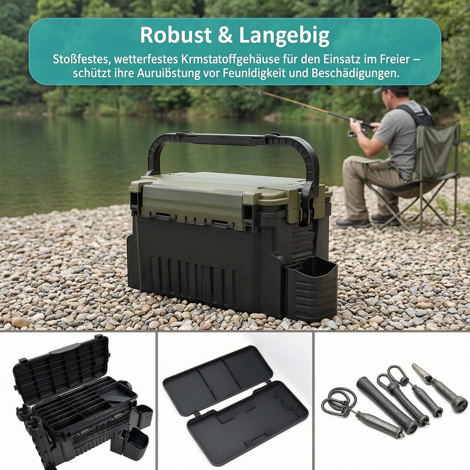 Grande valigetta da pesca a 2 ripiani, impermeabile | Tackle Box Organizer per accessori da pesca, scatola per esche, portatile, 43 x 23 x 28 cm